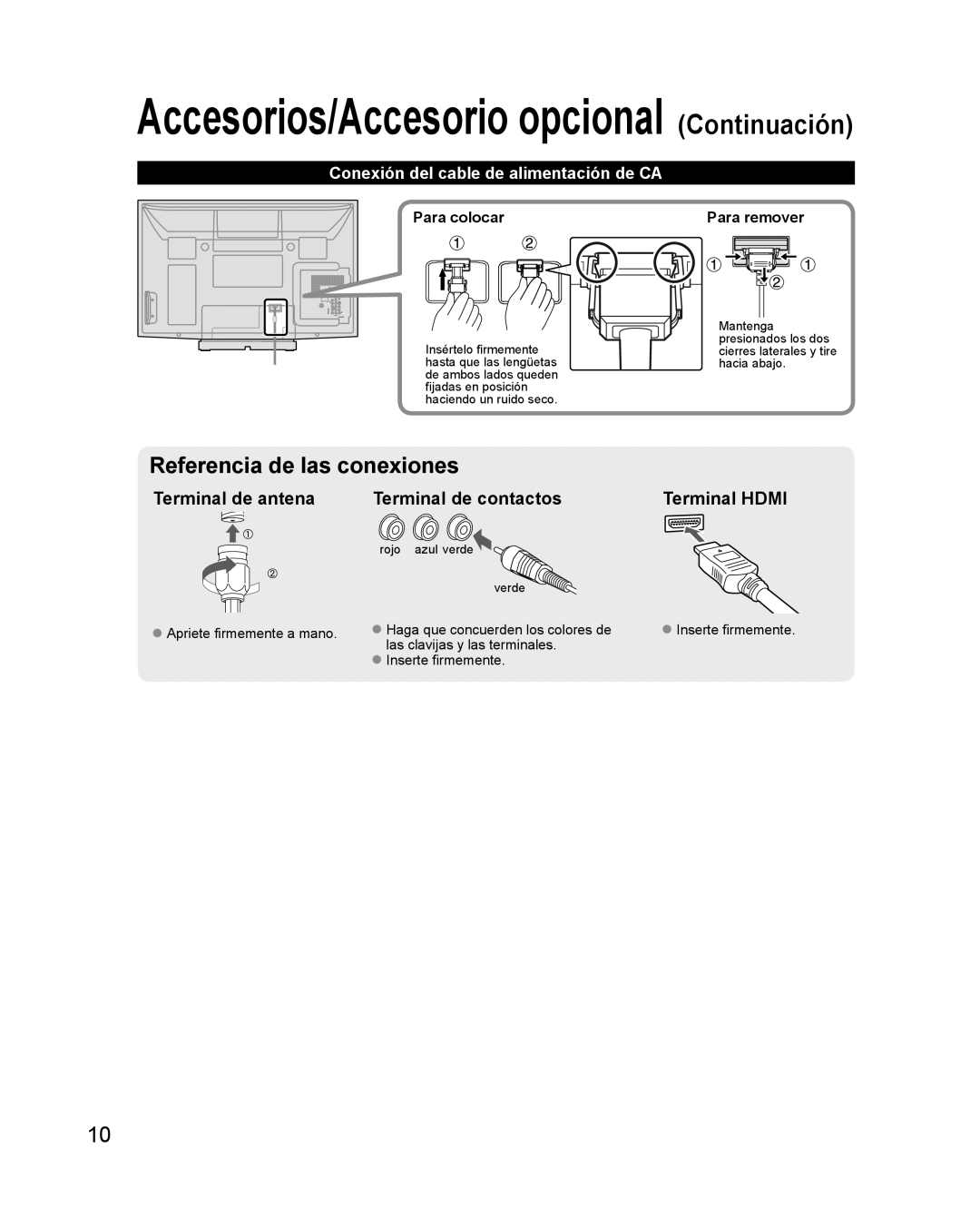 Philips TC-P42X1X quick start Conexión del cable de alimentación de CA, Para colocar, Para remover, Rojo azul verde Verde 