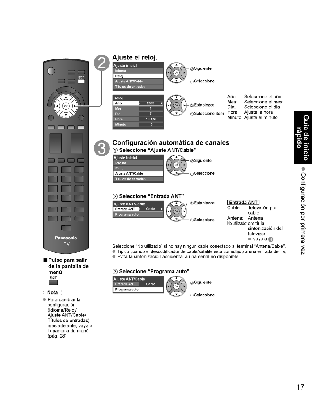 Philips TC-P42X1X Ajuste el reloj, Configuración automática de canales, Guía derápidoinicio Configuración por primera vez 