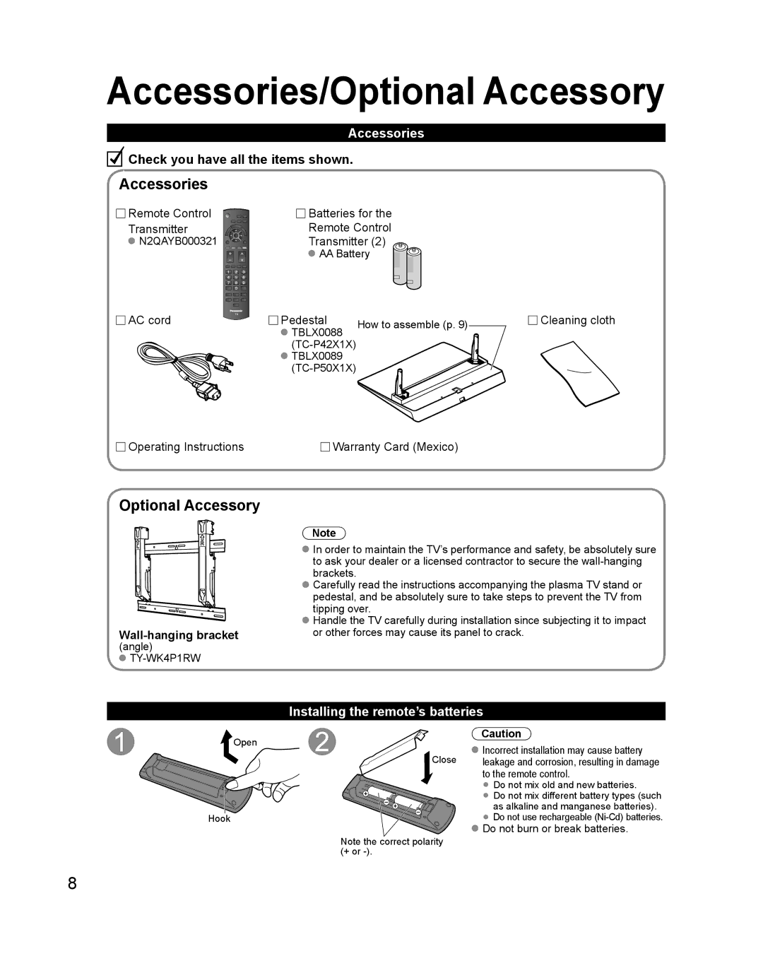 Philips TC-P42X1X quick start Accessories/Optional Accessory, Installing the remote’s batteries 