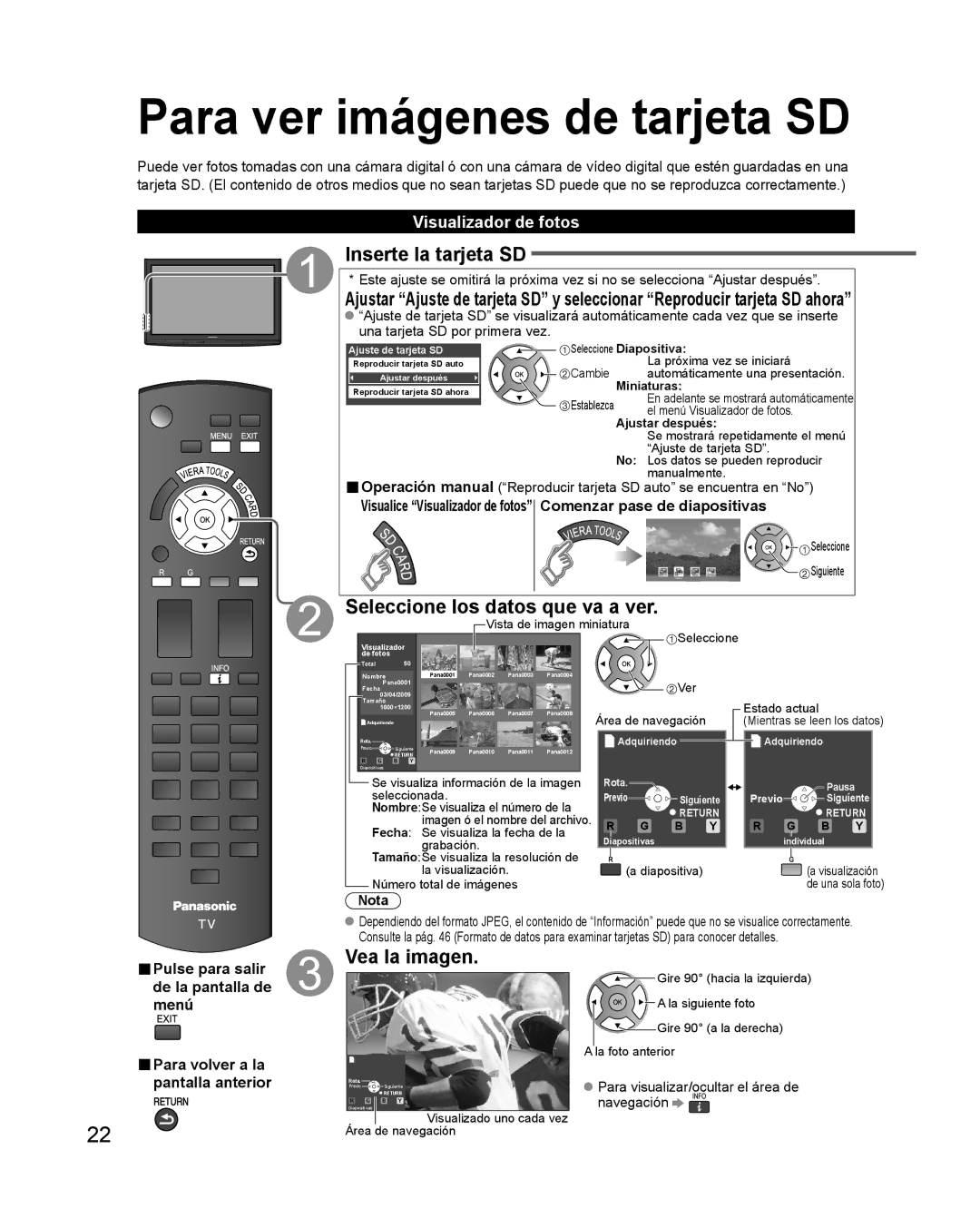 Philips TC-P42X1X Para ver imágenes de tarjeta SD, Inserte la tarjeta SD, Seleccione los datos que va a ver, Vea la imagen 