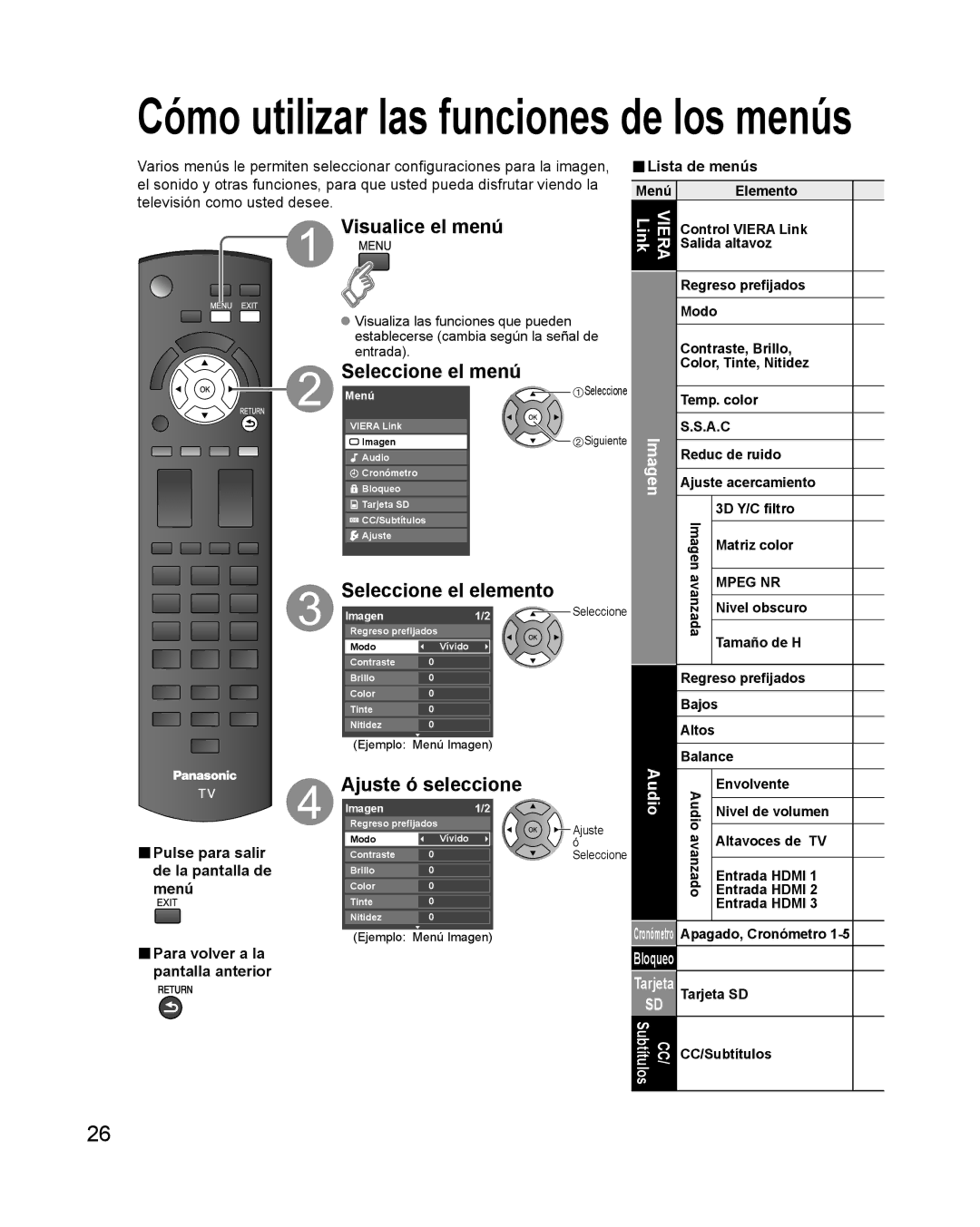 Philips TC-P42X1X quick start Visualice el menú, Seleccione el menú, Ajuste ó seleccione, Lista de menús 