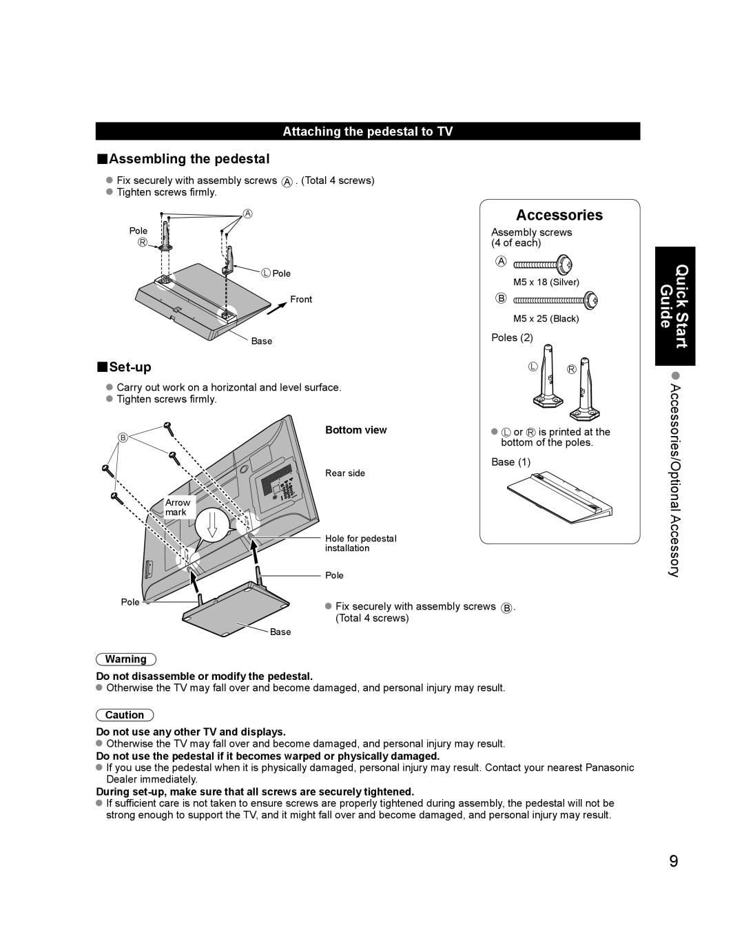 Philips TC-P42X1X quick start Accessories/Optional Accessory, Attaching the pedestal to TV, Bottom view 