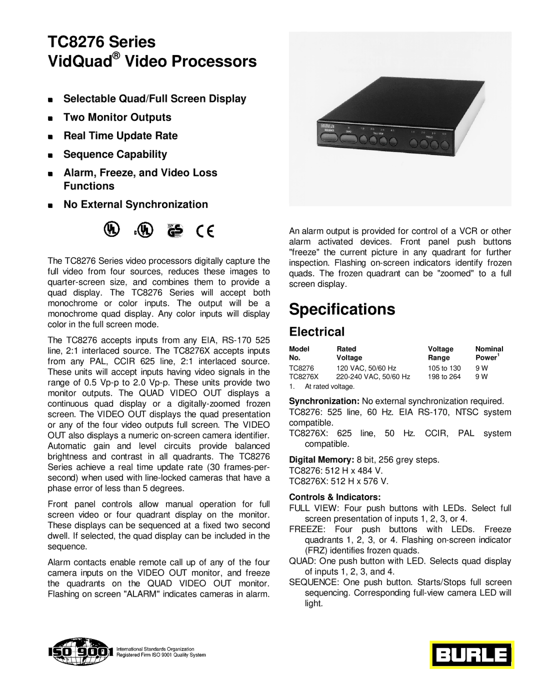 Philips specifications TC8276 Series VidQuad Video Processors, Specifications, Electrical, Controls & Indicators 