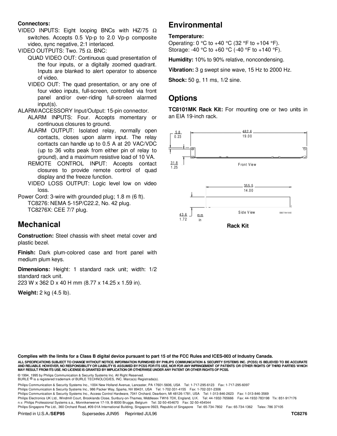 Philips TC8276 Series specifications Mechanical Environmental, Options, Connectors, Temperature, Rack Kit 