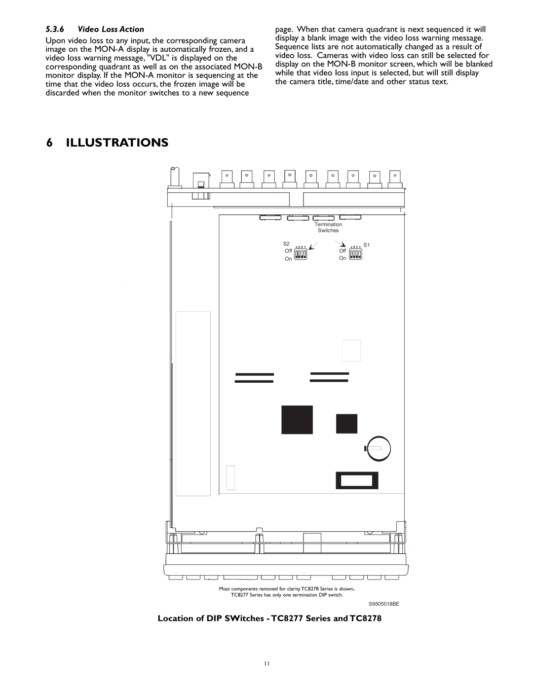 Philips TC8275 manual Illustrations, Video Loss Action, Location of DIP SWitches TC8277 Series and TC8278 