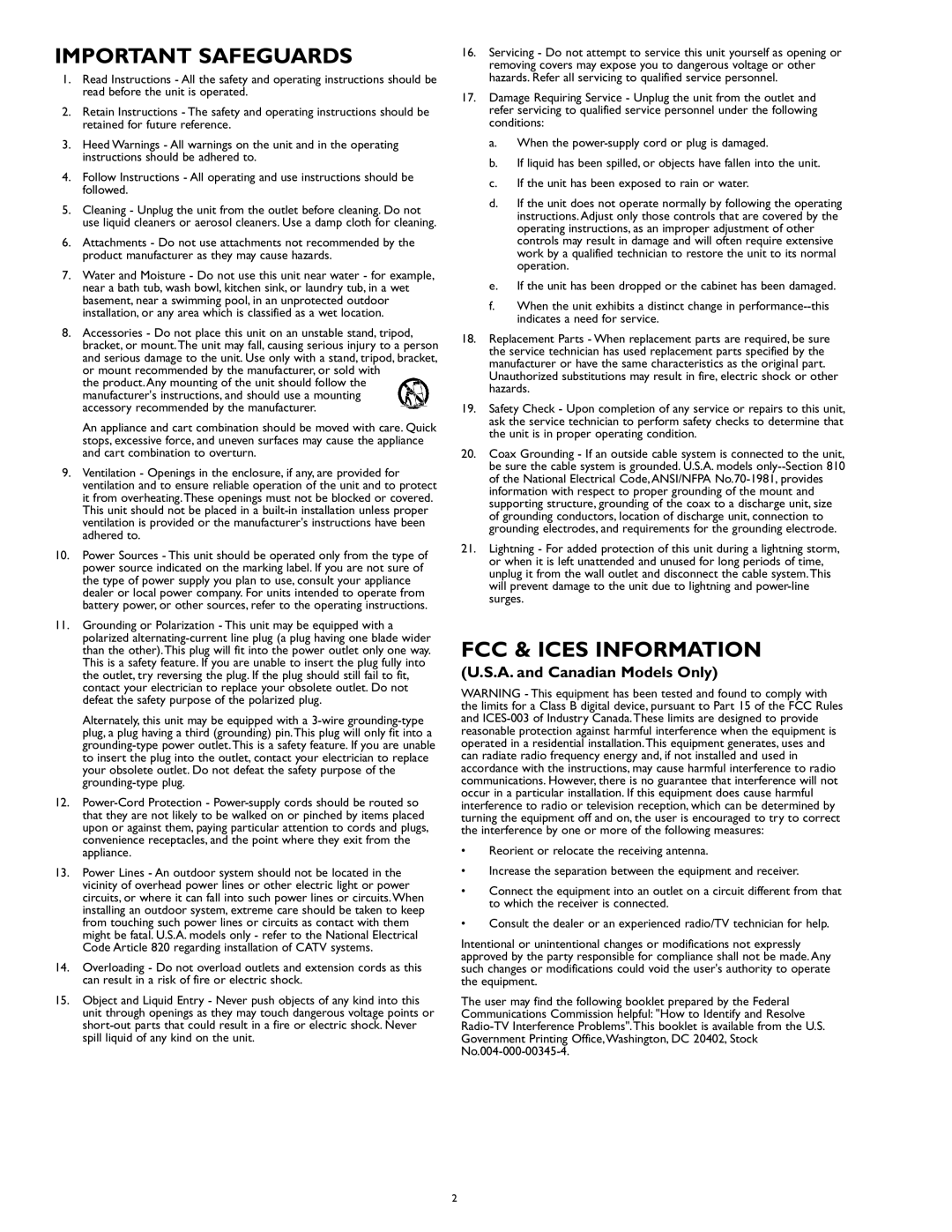 Philips TC8278, TC8277, TC8275 manual Important Safeguards, FCC & Ices Information, A. and Canadian Models Only 