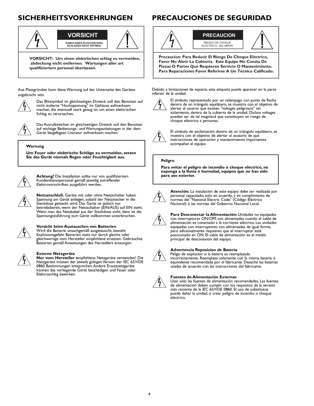 Philips TC8275, TC8277, TC8278 manual Sicherheitsvorkehrungen Precauciones DE Seguridad, Warnung, Externe Netzgeräte 