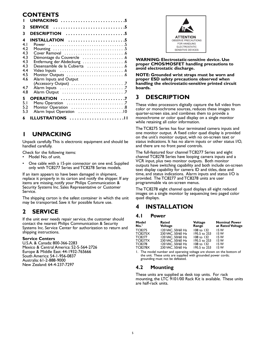 Philips TC8278, TC8277, TC8275 manual Contents, Unpacking, Service, Description, Installation 