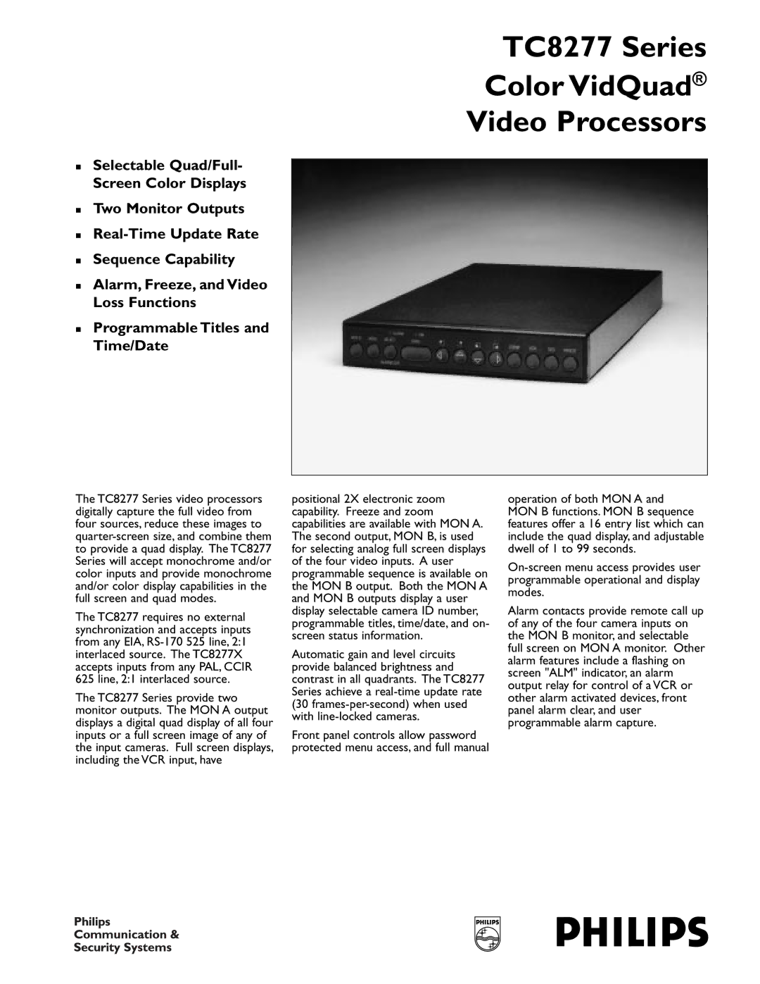 Philips manual TC8277 Series Color VidQuad Video Processors 