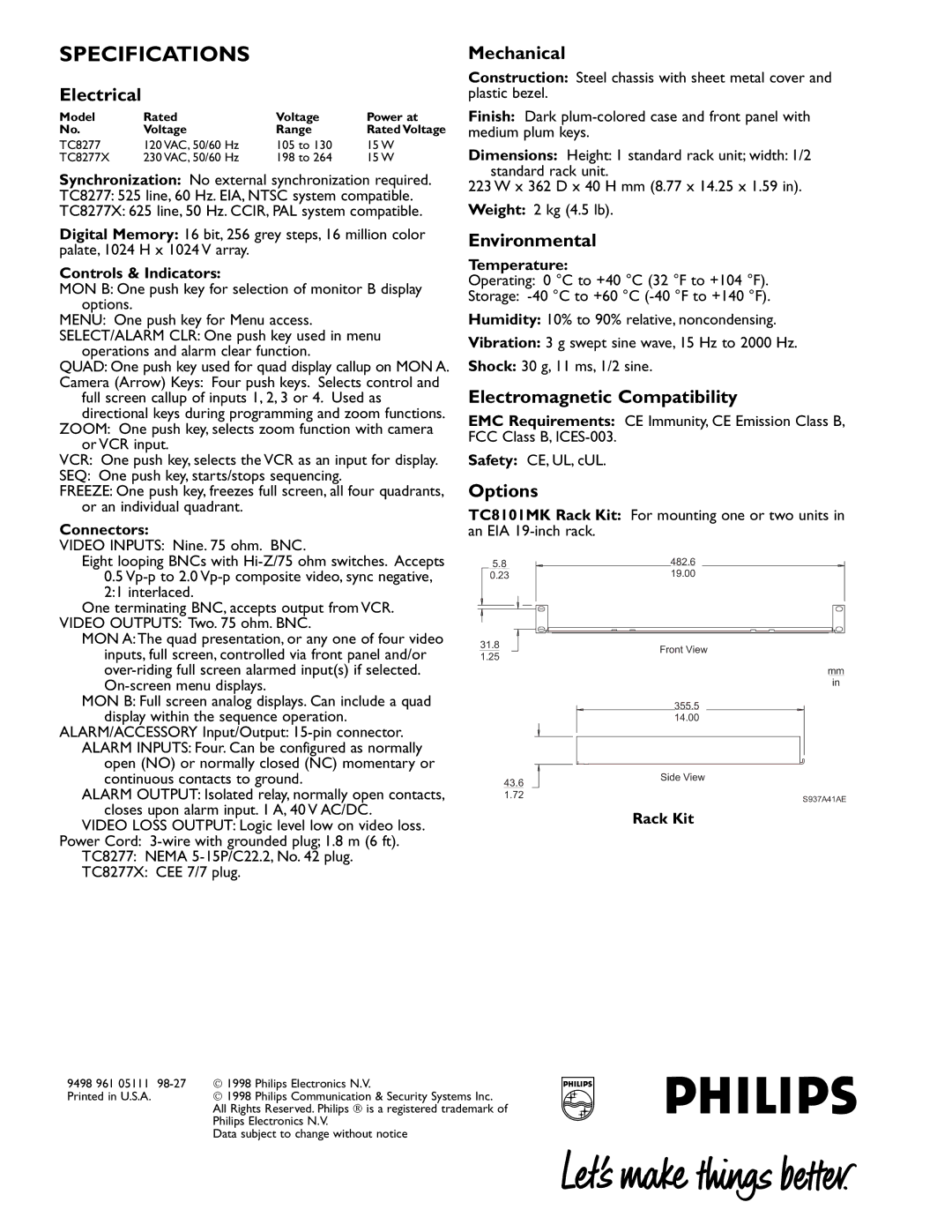 Philips TC8277 manual Electrical, Mechanical, Environmental, Electromagnetic Compatibility, Options 