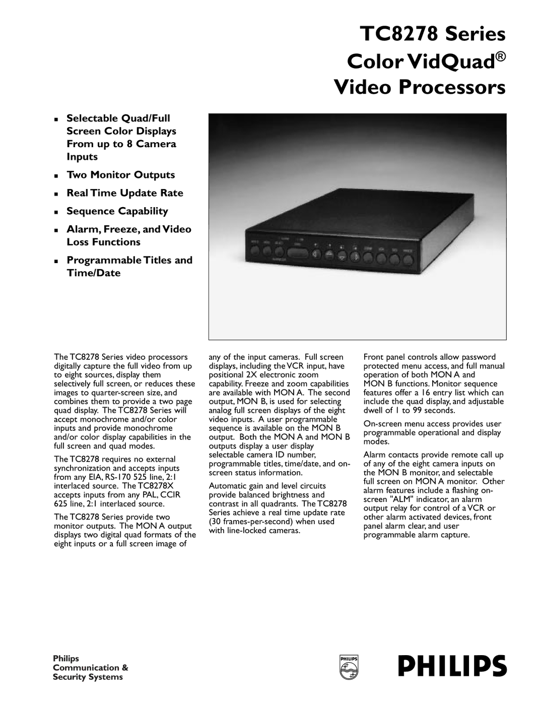 Philips manual TC8278 Series Color VidQuad Video Processors 