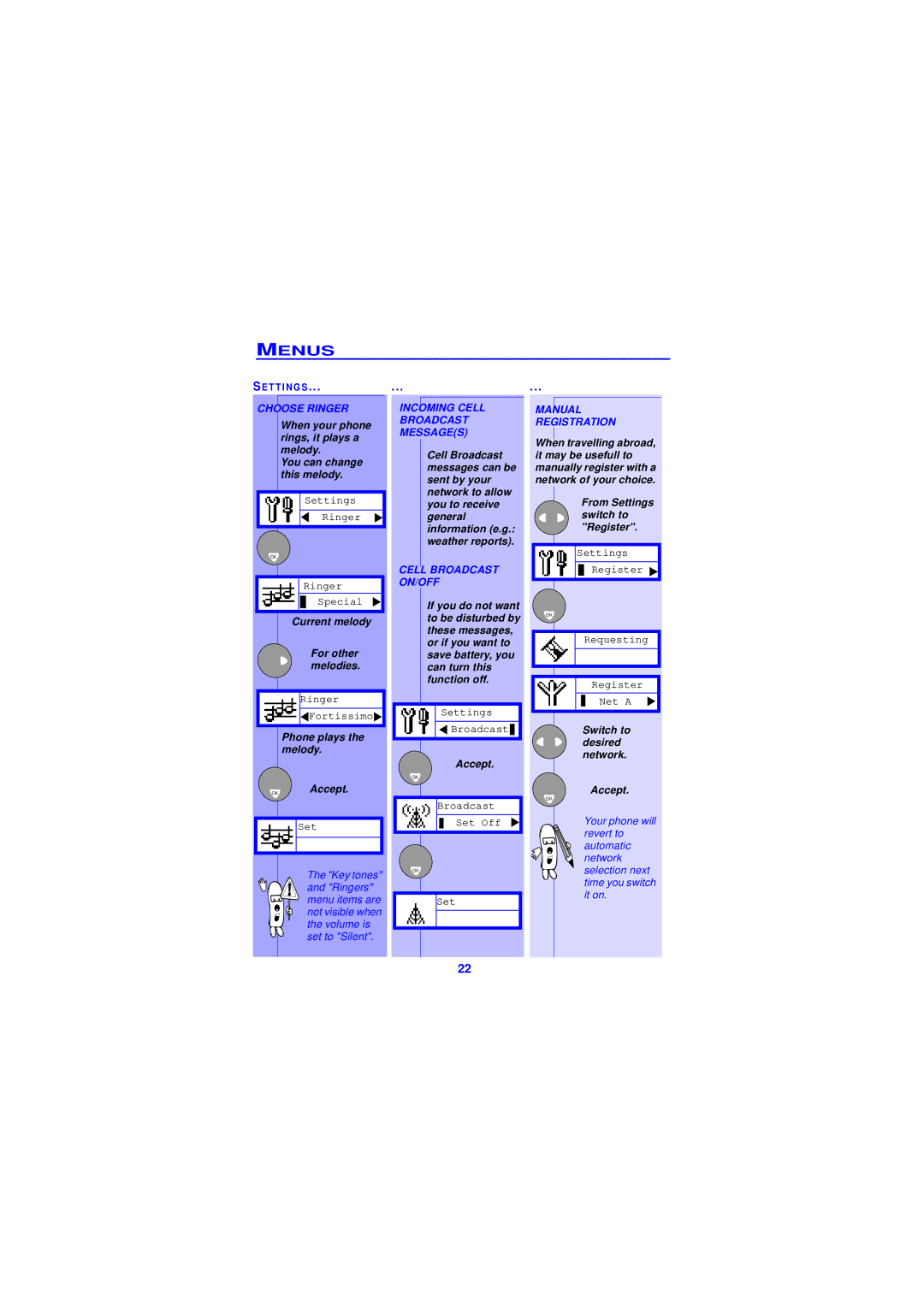 Philips TCD138 user manual Choose Ringer, Incoming Cell Broadcast Messages, Manual Registration 