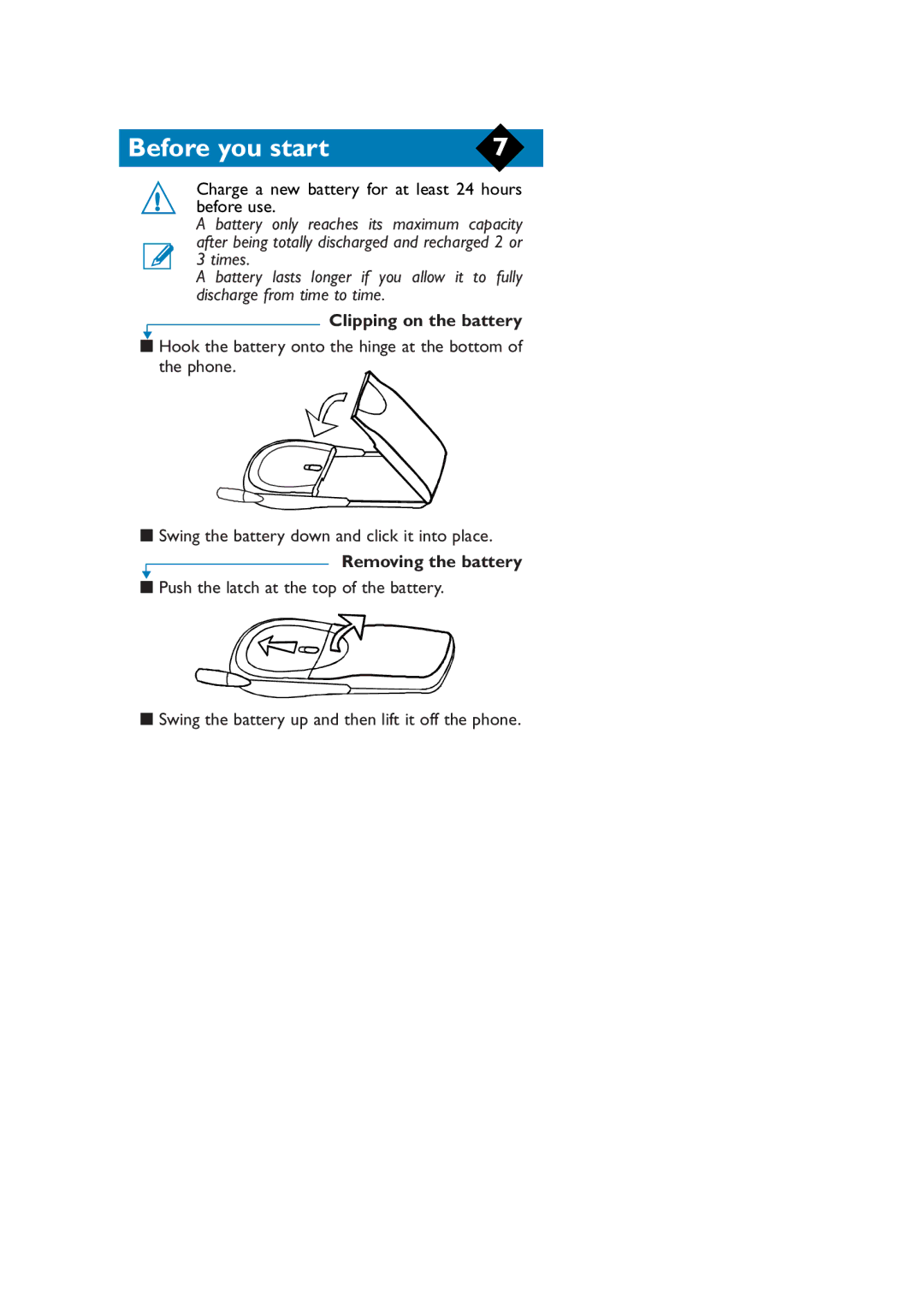 Philips TCD808/A9 user manual Clipping on the battery, Removing the battery 