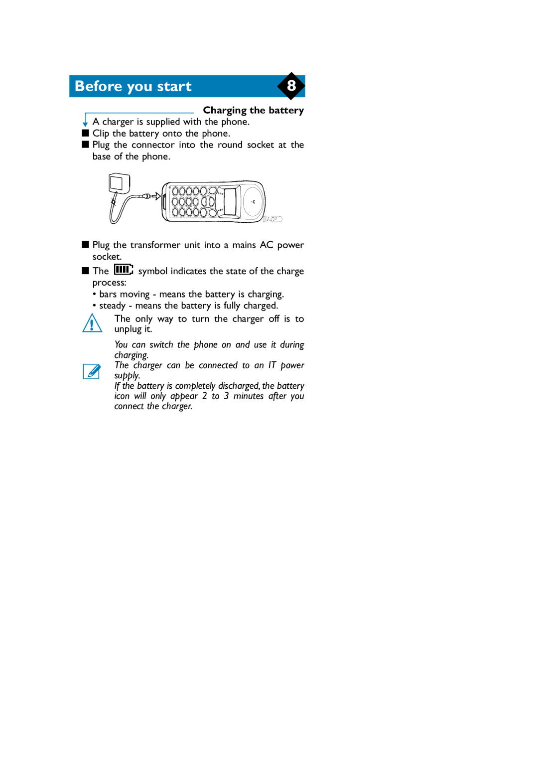 Philips TCD808/A9 user manual Charging the battery 