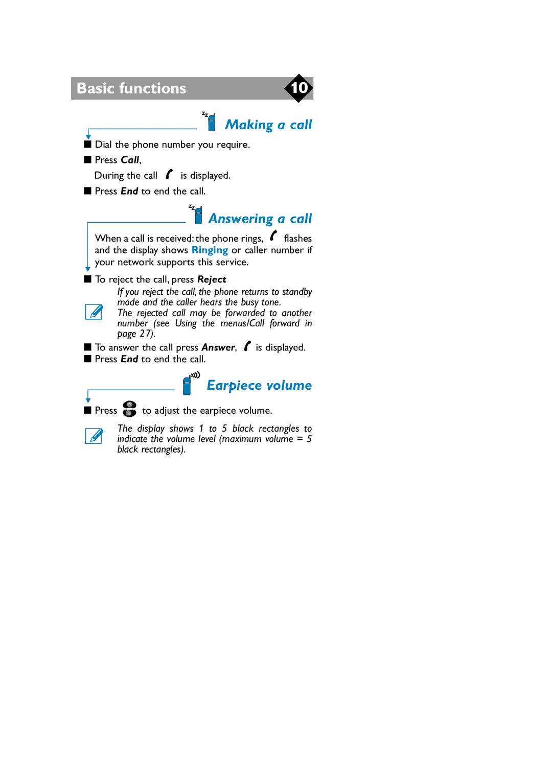 Philips TCD808/A9 user manual Making a call, Answering a call, Earpiece volume 