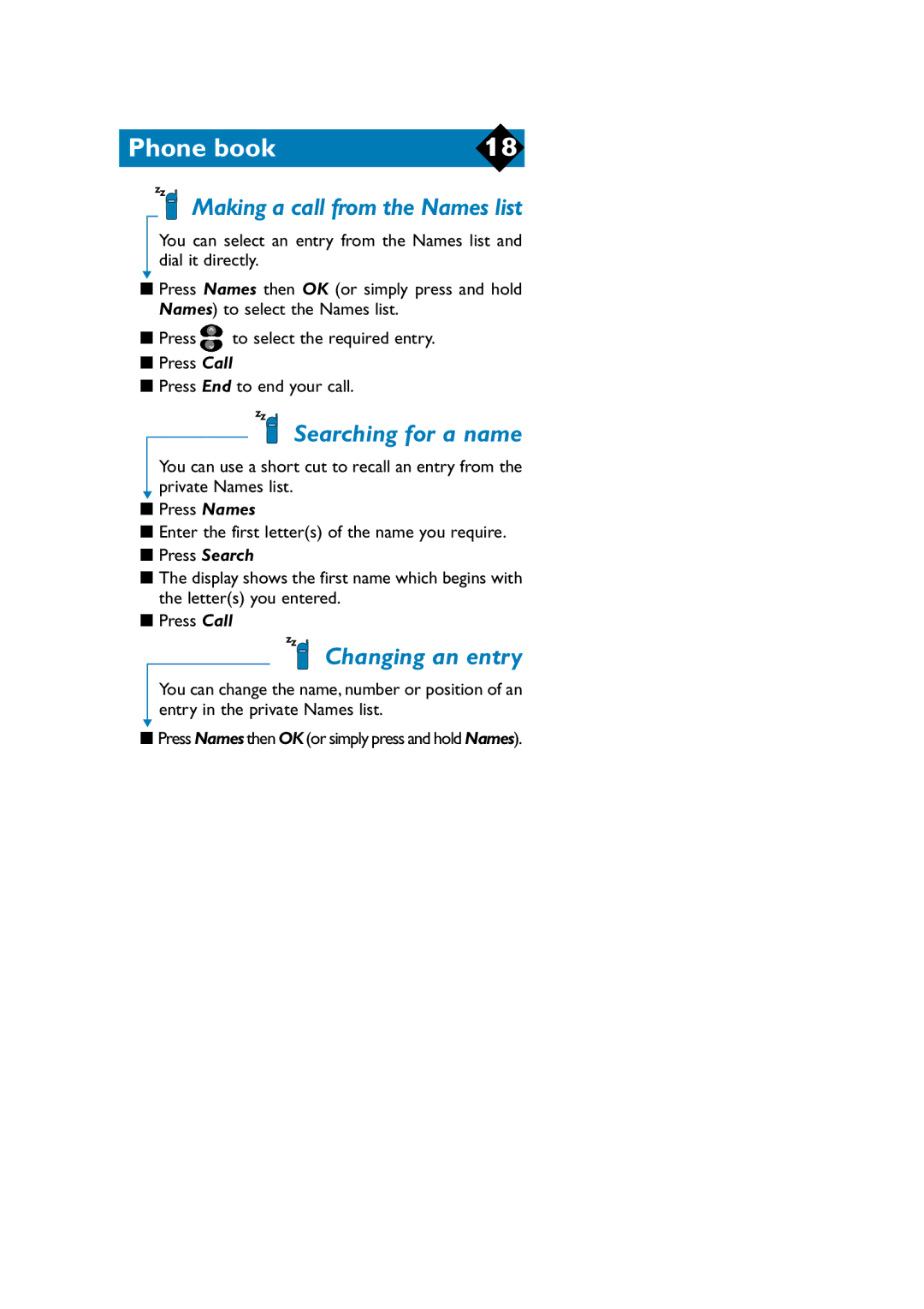 Philips TCD808/A9 user manual Making a call from the Names list, Searching for a name, Changing an entry 