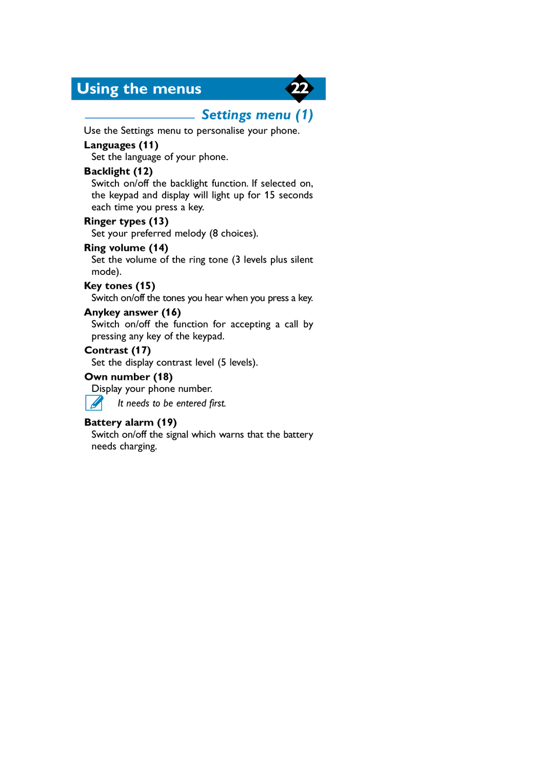 Philips TCD808/A9 user manual Settings menu 