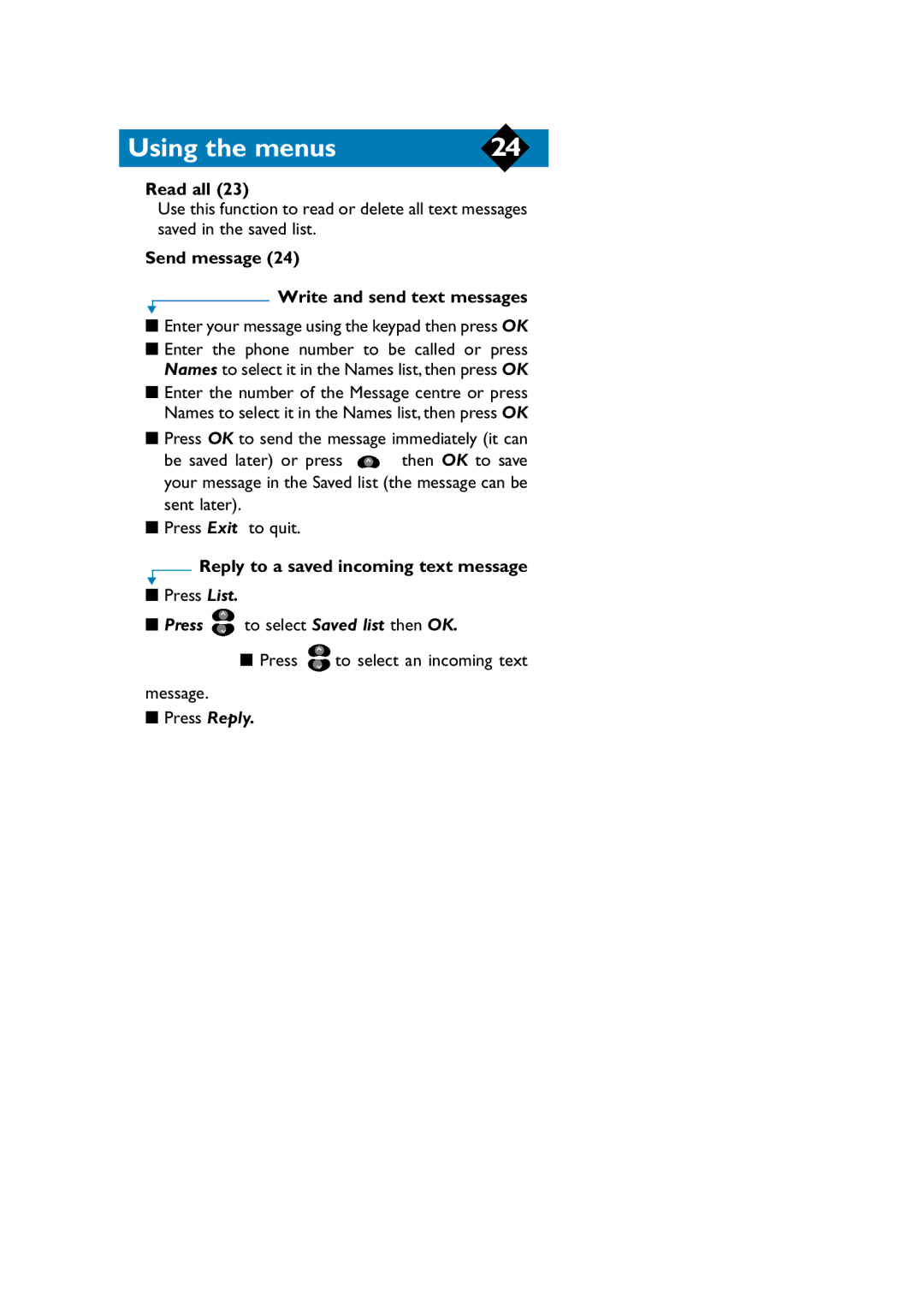 Philips TCD808/A9 user manual Read all, Send message Write and send text messages, Reply to a saved incoming text message 