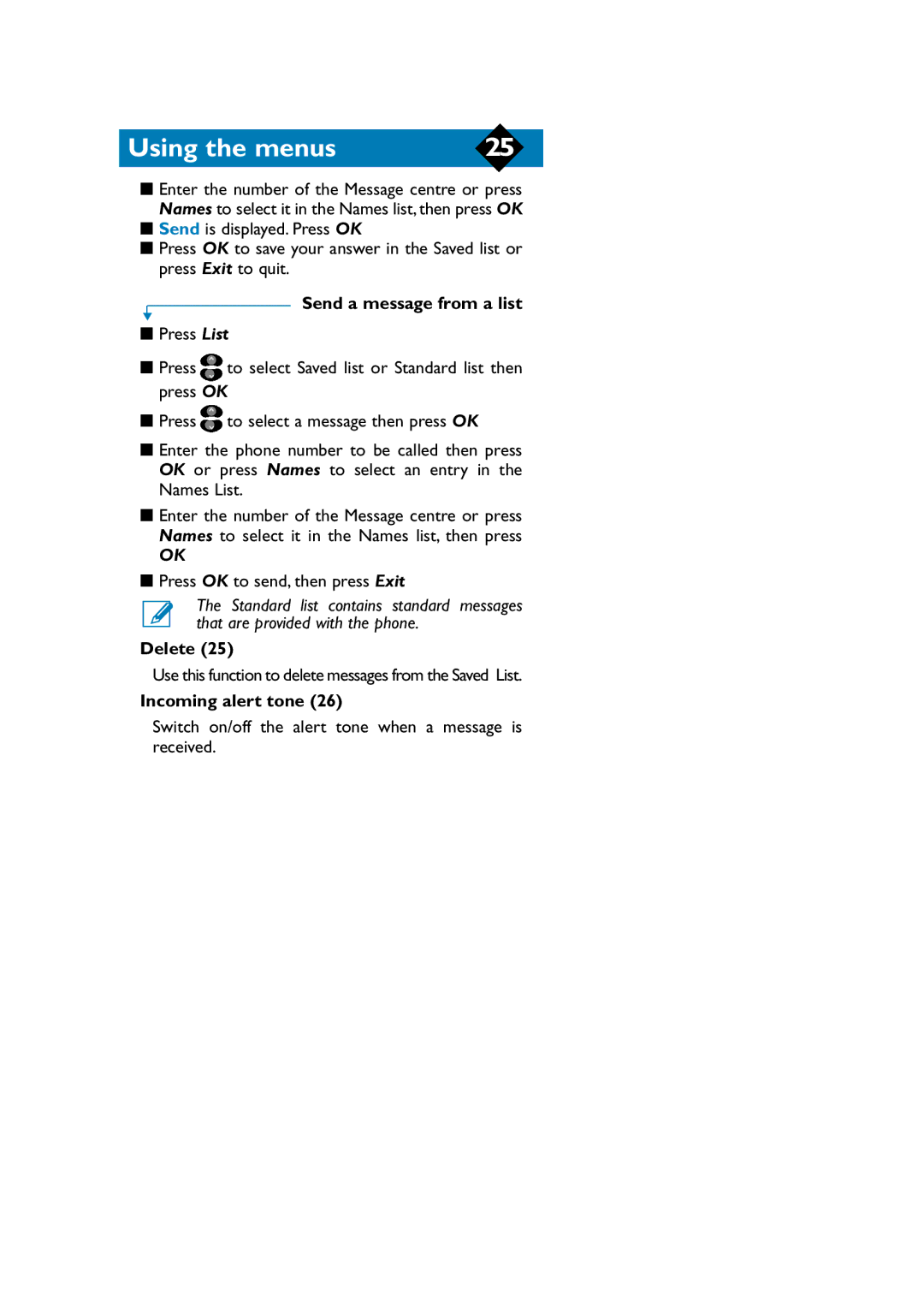 Philips TCD808/A9 user manual Send a message from a list, Delete, Incoming alert tone 