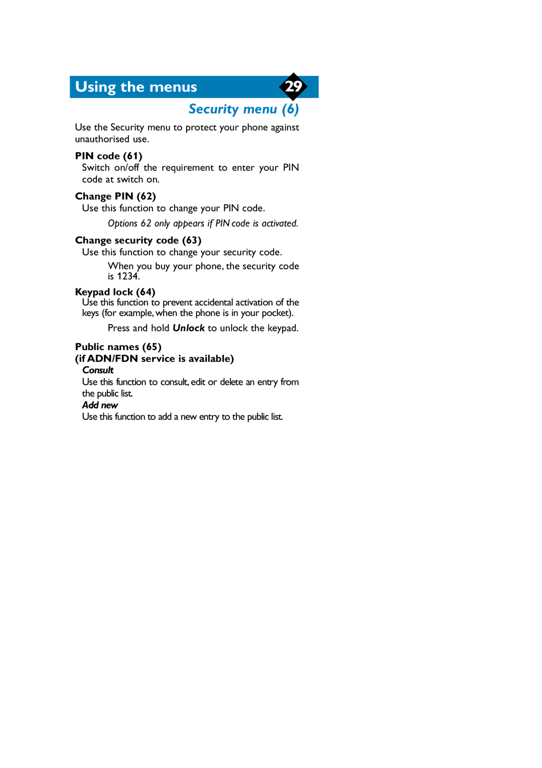 Philips TCD808/A9 user manual Security menu 