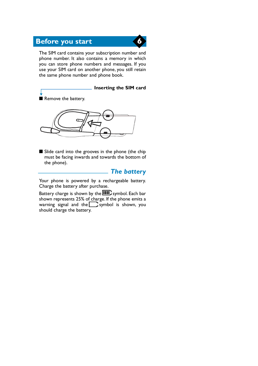 Philips TCD808/A9 user manual Battery, Inserting the SIM card 