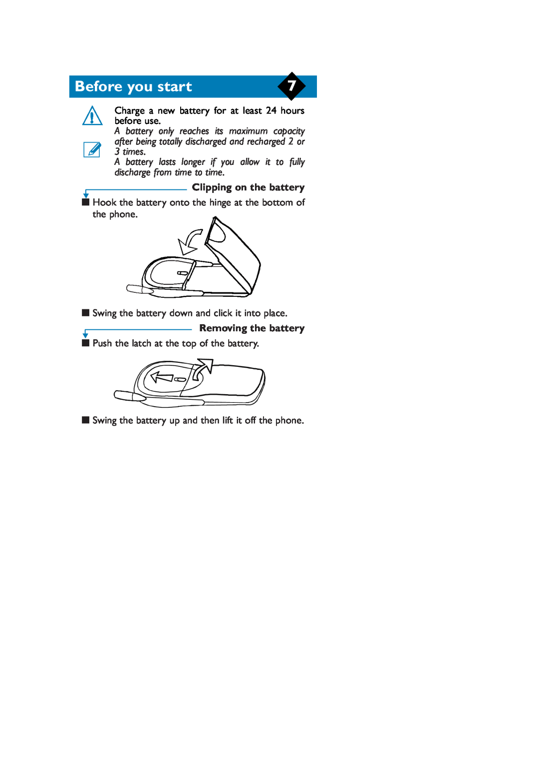 Philips TCD808/A9 user manual Clipping on the battery, Removing the battery, Before you start 