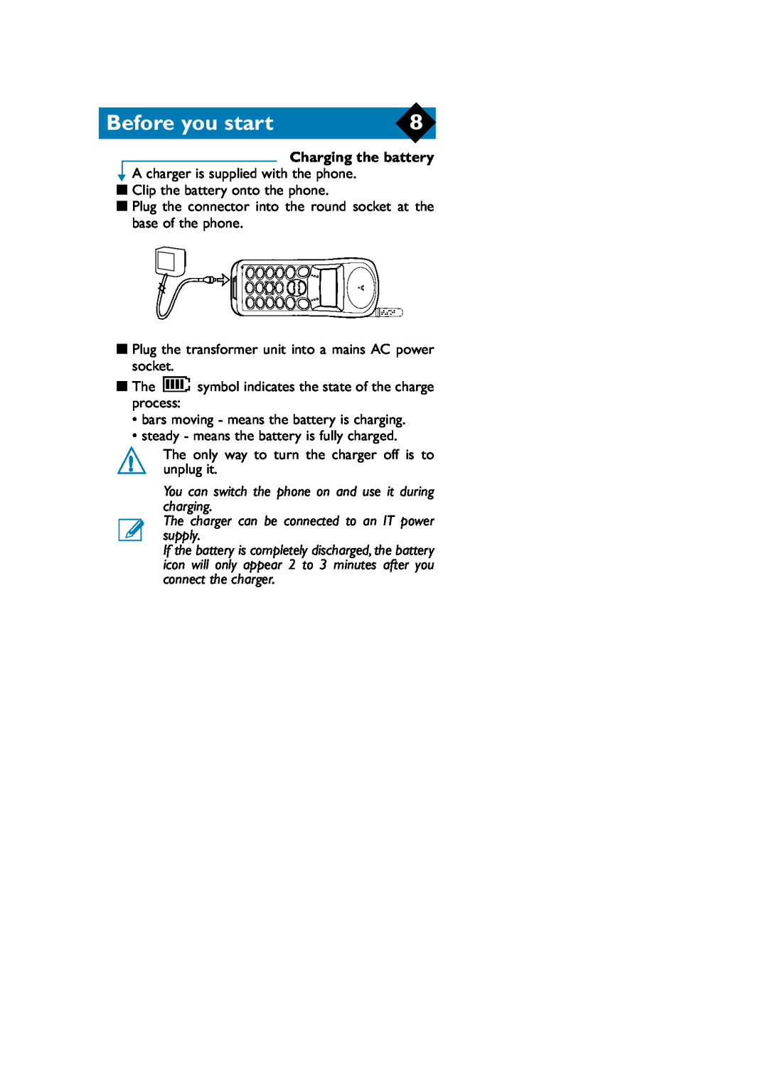 Philips TCD808/A9 user manual Charging the battery, Before you start 