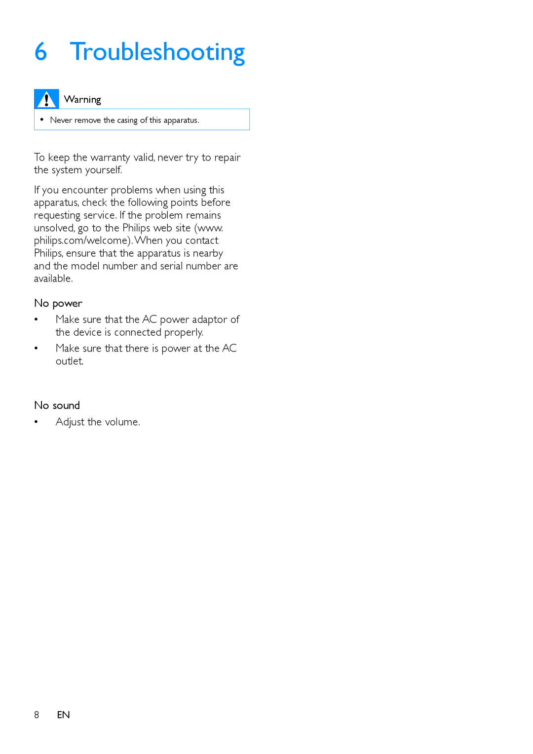 Philips TCI360/12 user manual Troubleshooting 