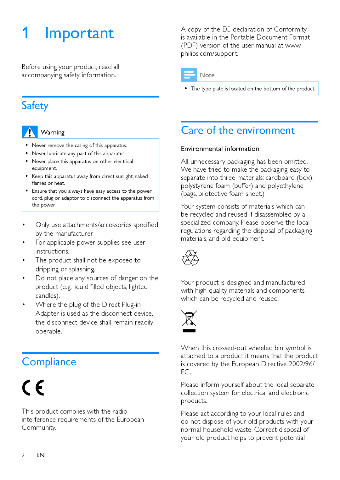 Philips TCI360/12 user manual Safety, Compliance, Care of the environment, Environmental information 