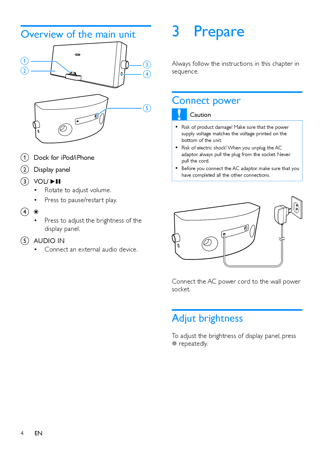 Philips TCI360/12 user manual Prepare, Overview of the main unit, Connect power, Adjut brightness 