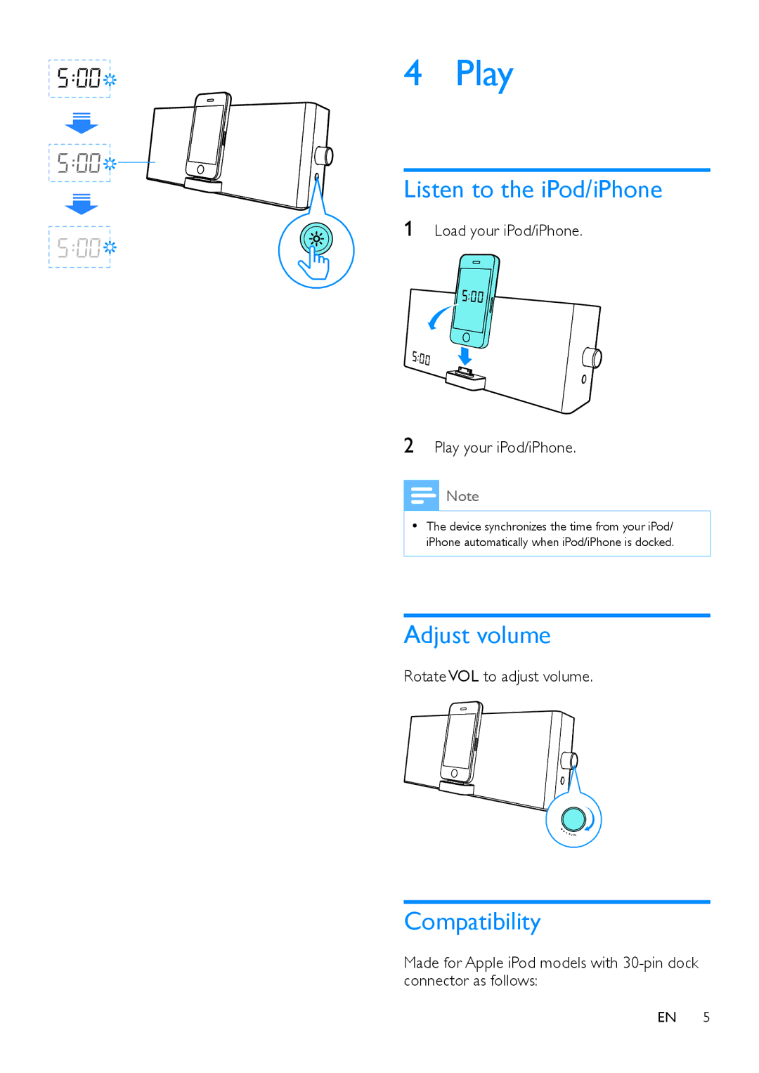 Philips TCI360/12 user manual Play, Listen to the iPod/iPhone, Adjust volume, Compatibility 