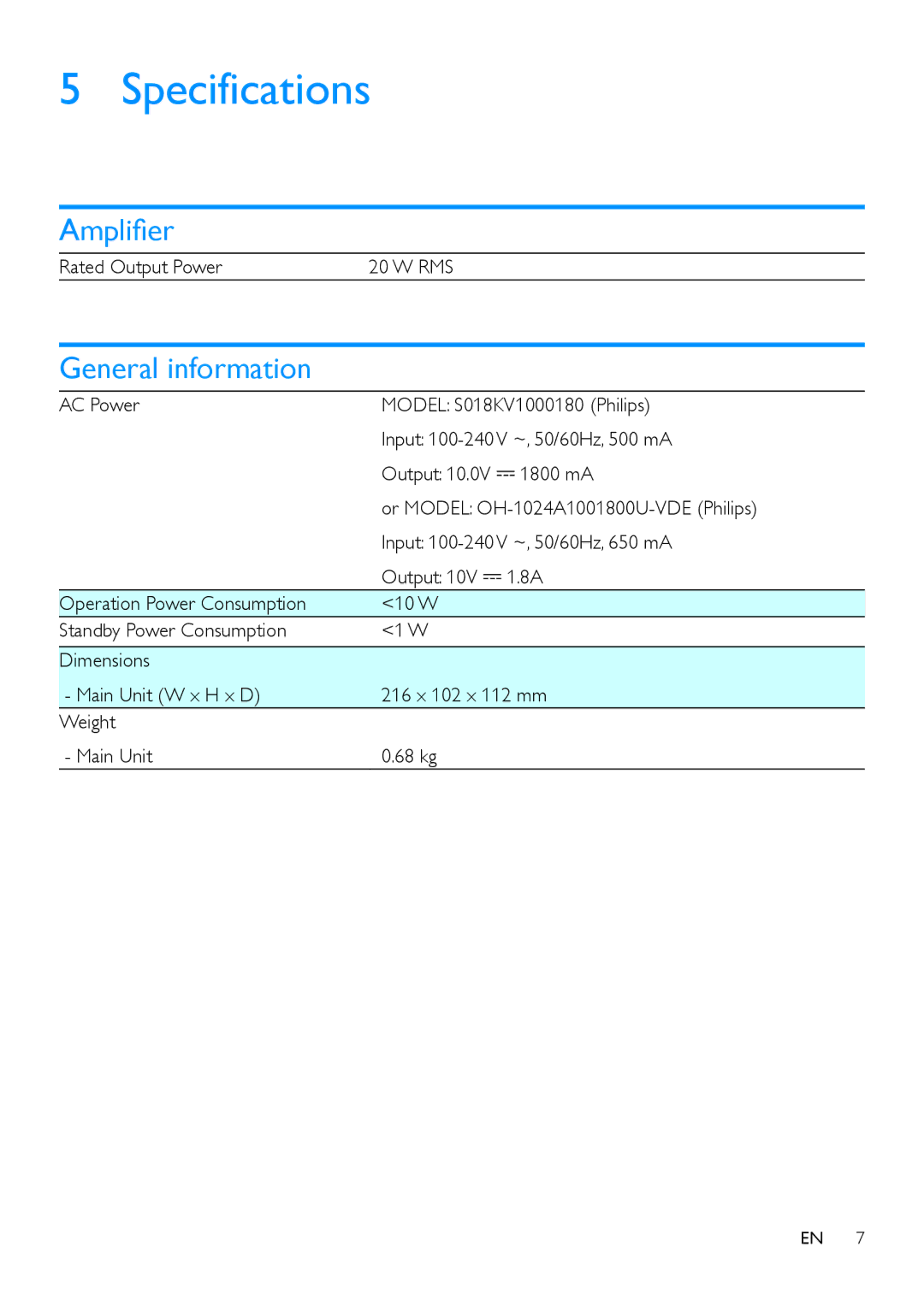 Philips TCI360/12 user manual Specifications, Amplifier, General information, Rated Output Power20 W RMS 