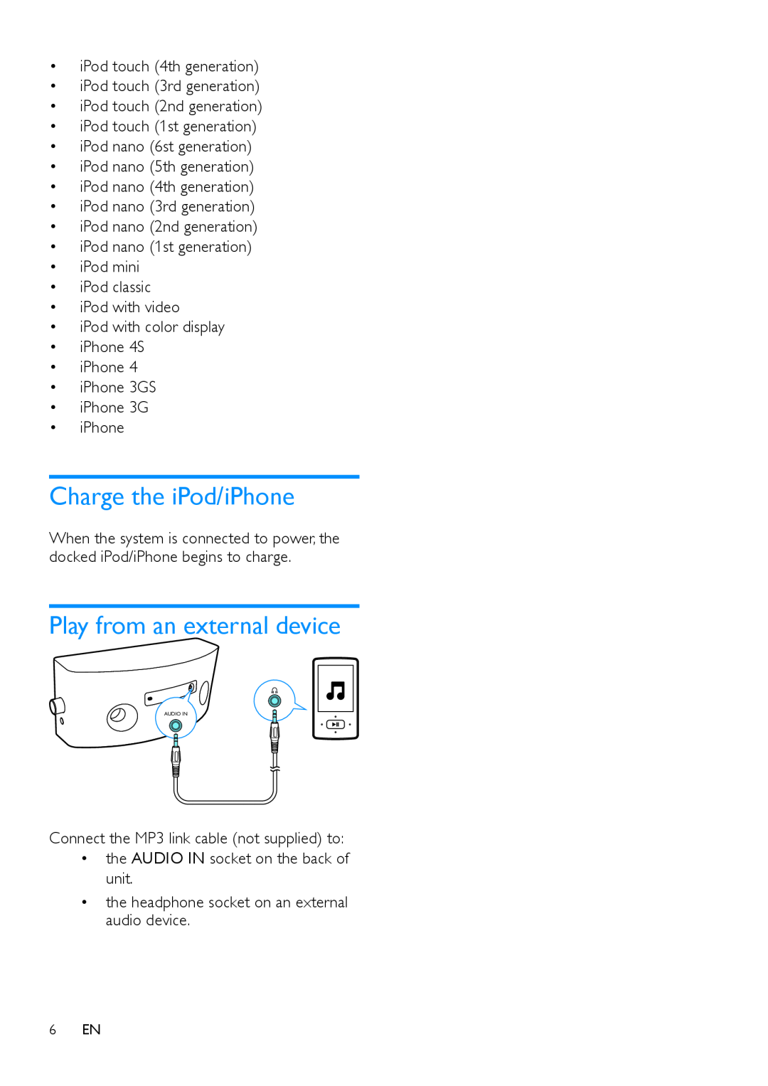 Philips TCI360/12 user manual Charge the iPod/iPhone, Play from an external device 