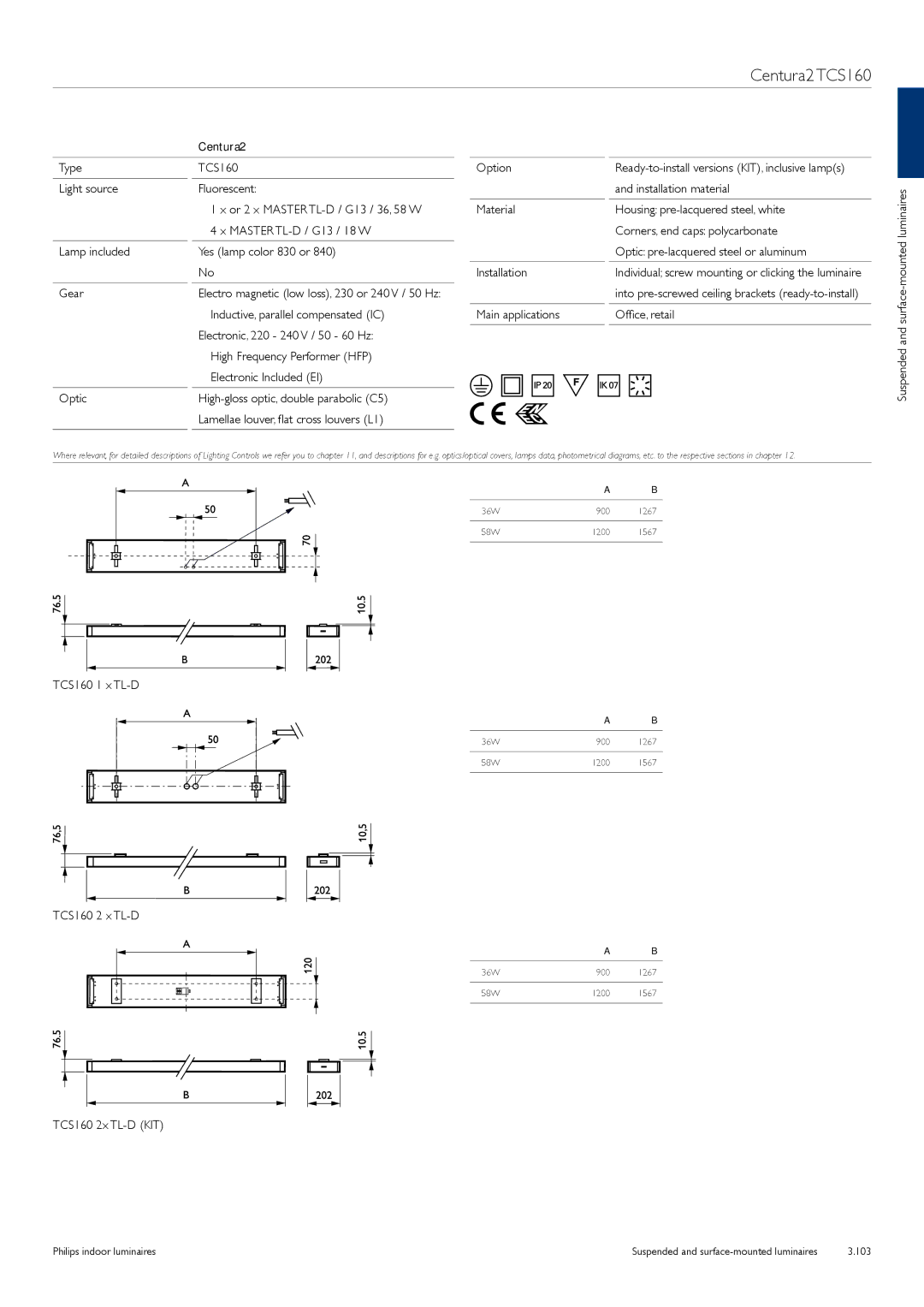 Philips TCS125 manual Centura2 TCS160, Centura2 Type TCS160 Option, TCS160 1 x TL-D, TCS160 2 x TL-D 