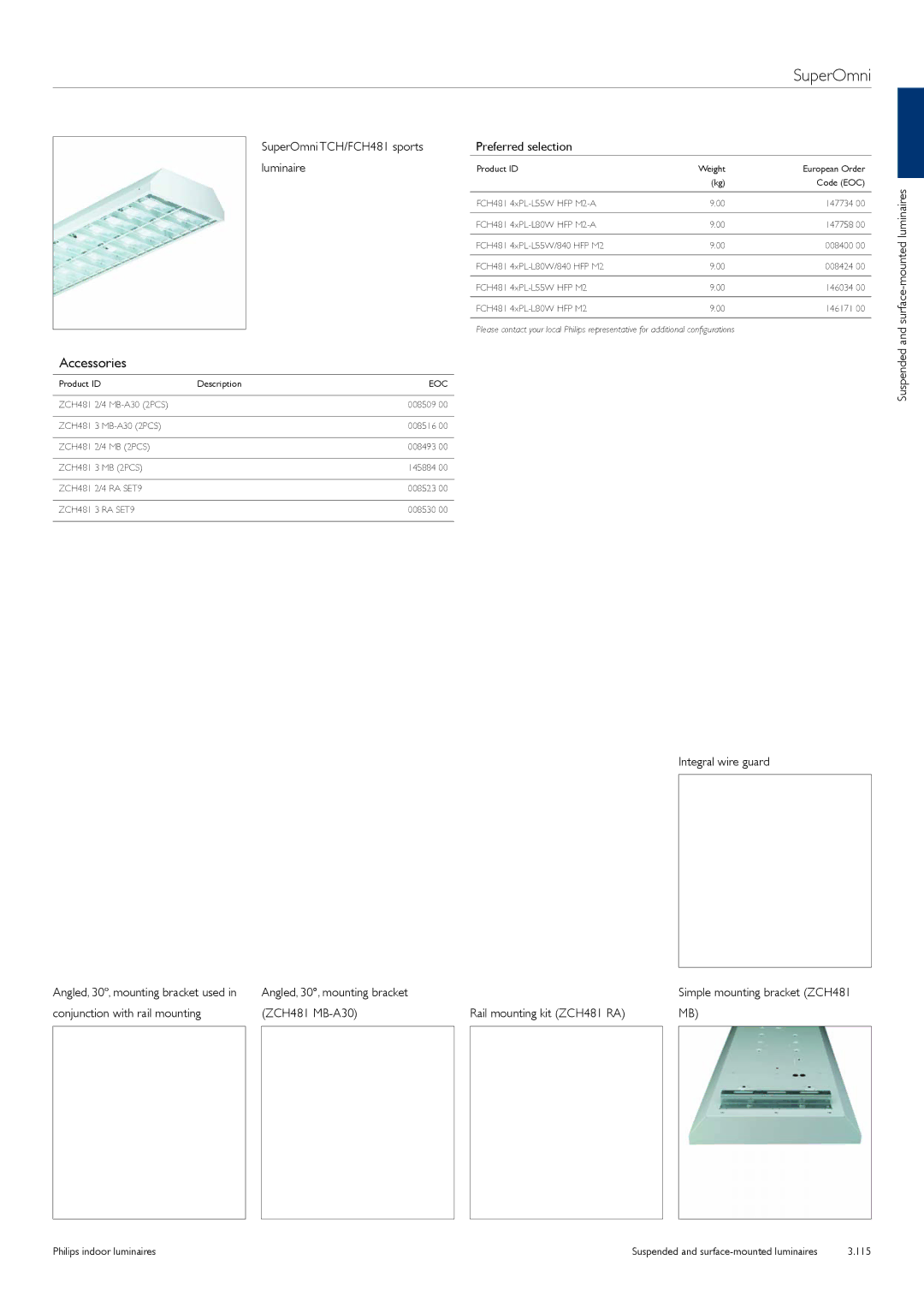 Philips TCS125 manual Integral wire guard Suspended and surface-mounted luminaires 