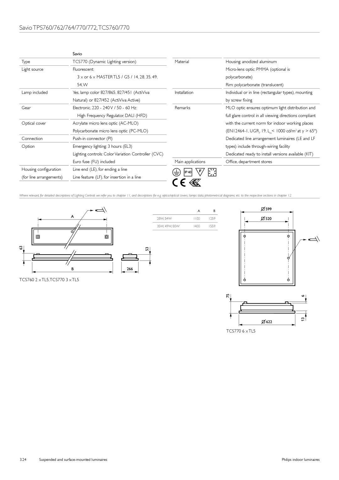 Philips TCS125 manual Connection Push-in connector PI, TCS760 2 x TL5,TCS770 3 x TL5 TCS770 6 x TL5 