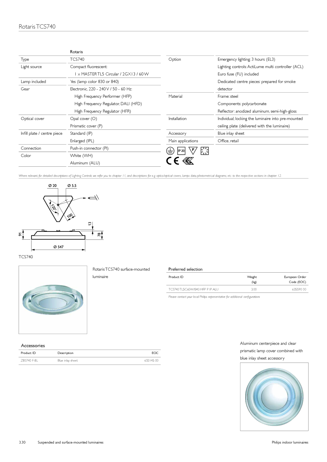 Philips TCS125 manual Rotaris TCS740, Optical cover Opal cover O Installation, Aluminum centerpiece and clear 