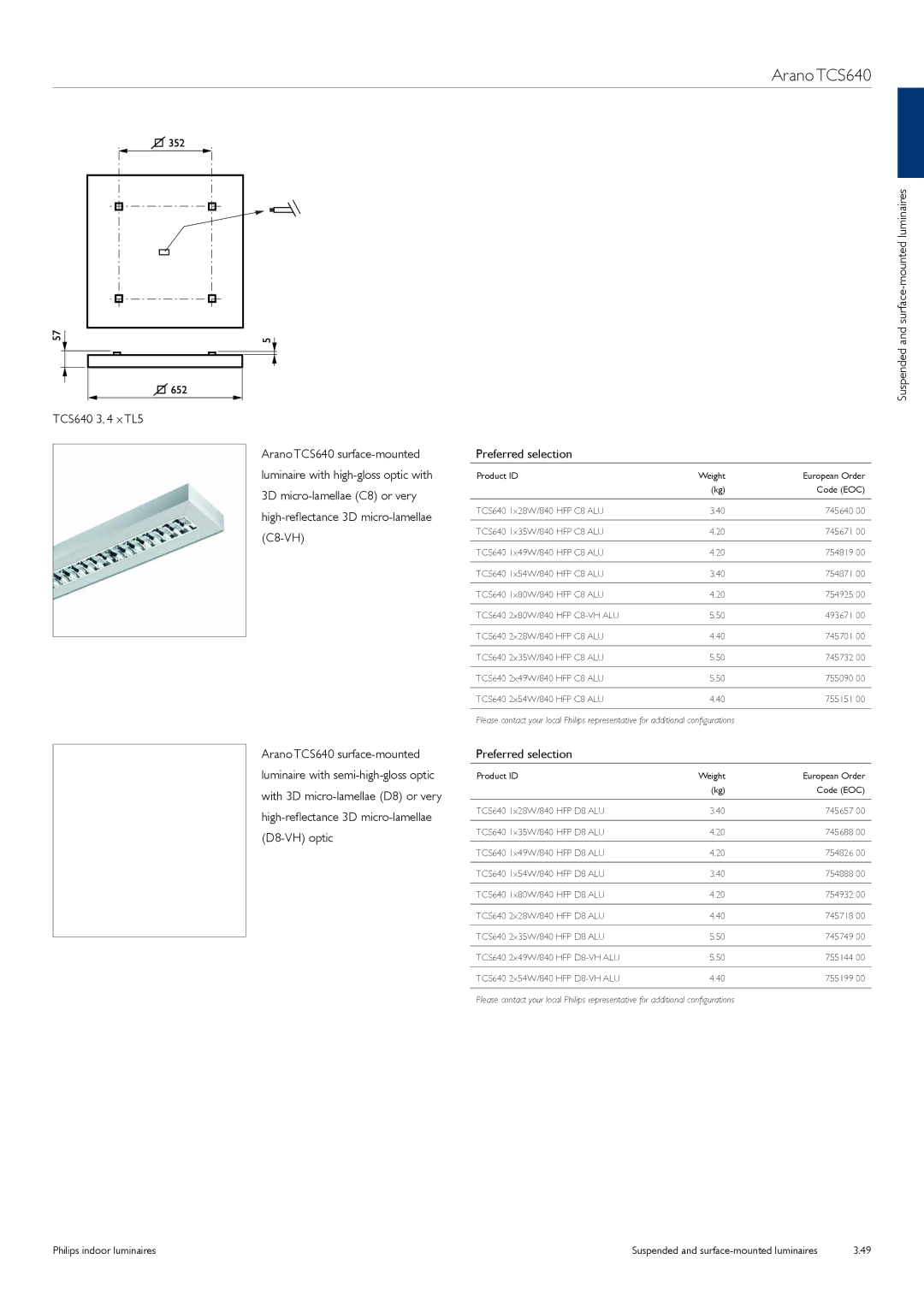 Philips TCS125 manual TCS640 3, 4 x TL5, Suspended and surface-mounted luminaires Preferred selection 