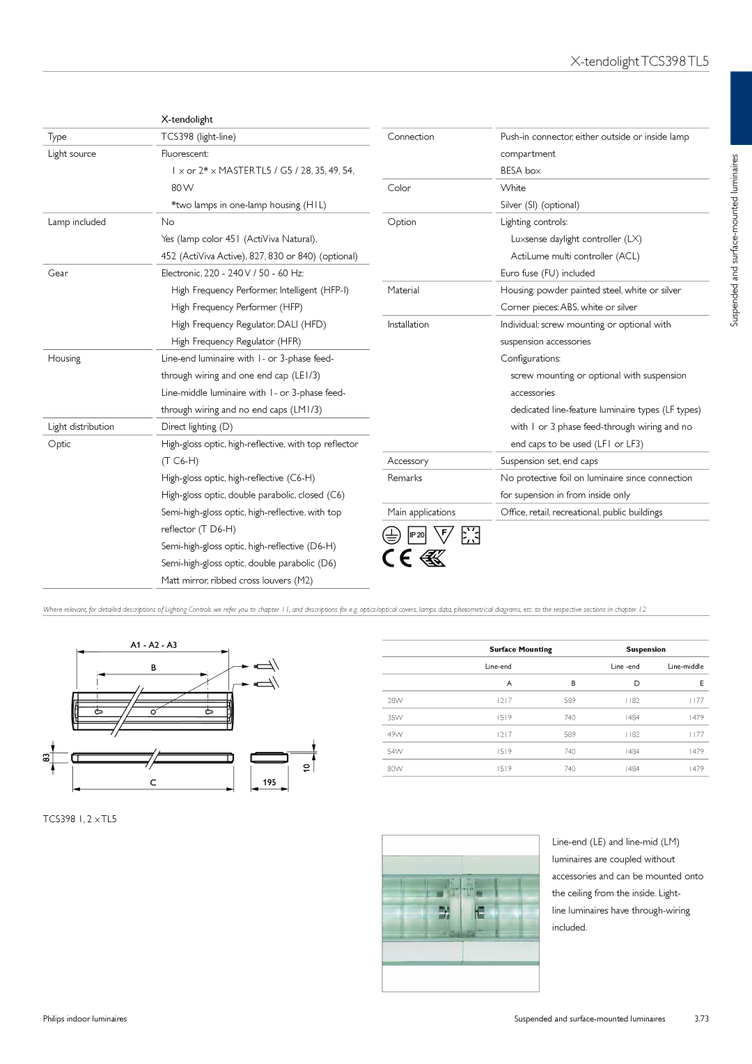 Philips TCS125 manual Tendolight Type TCS398 light-line Connection, Through wiring and no end caps LM1/3 