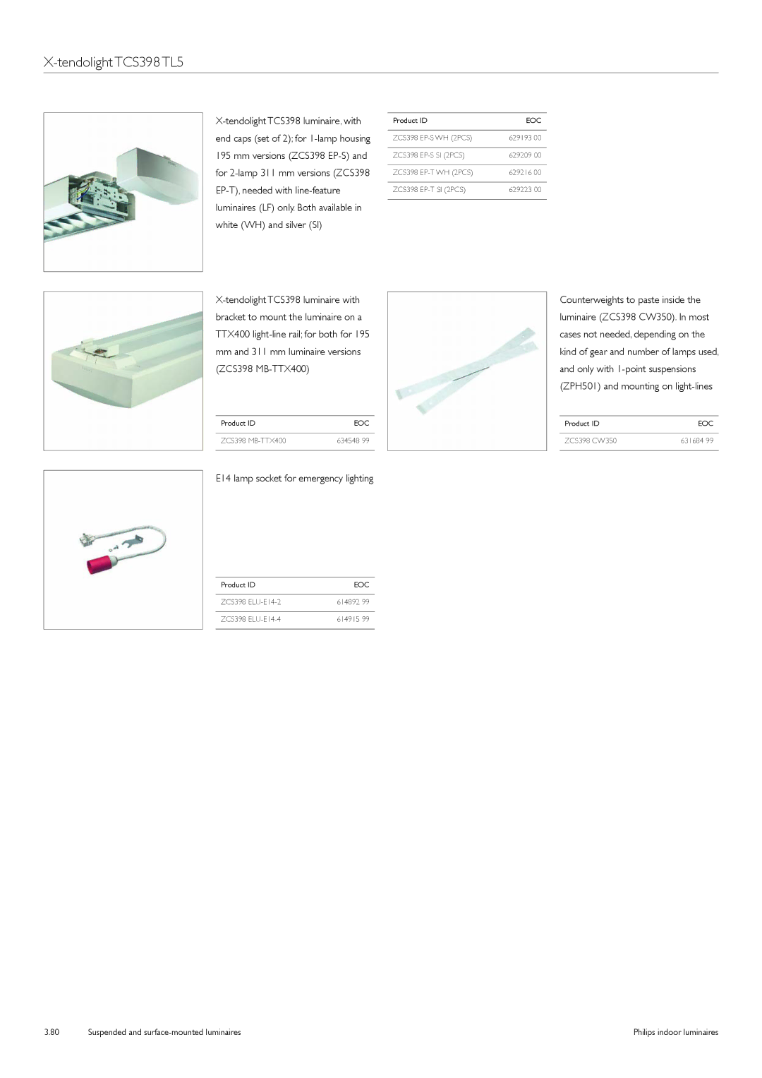 Philips TCS125 manual Mm and 311 mm luminaire versions ZCS398 MB-TTX400, E14 lamp socket for emergency lighting 