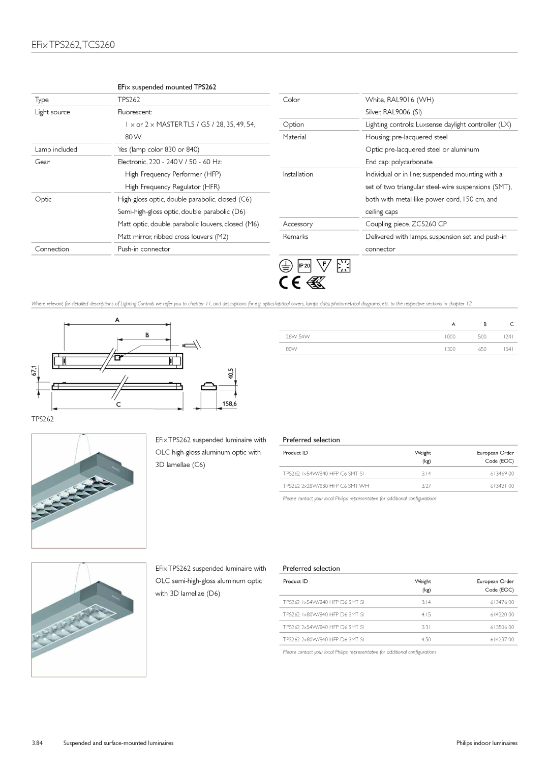 Philips TCS125 manual EFix TPS262,TCS260, Semi-high-gloss optic, double parabolic D6 Ceiling caps, Connector 