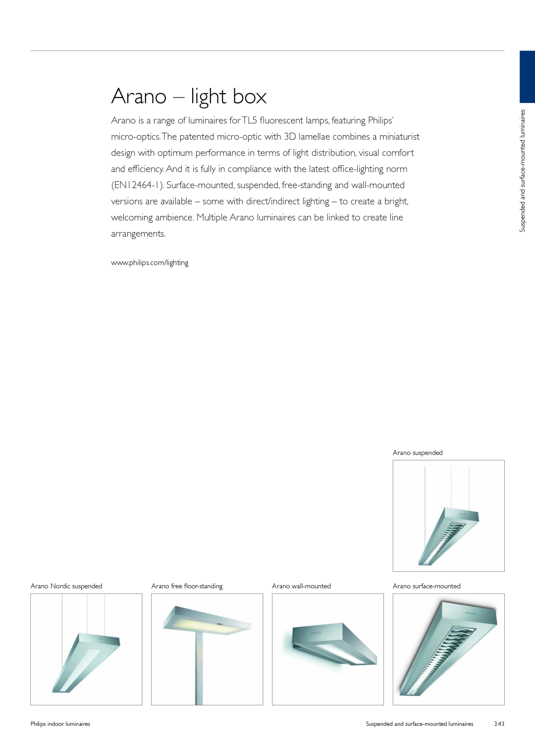 Philips TCS125 manual Arano – light box, Arano suspended, Suspended and surface-mountedluminaires, Arano Nordic suspended 