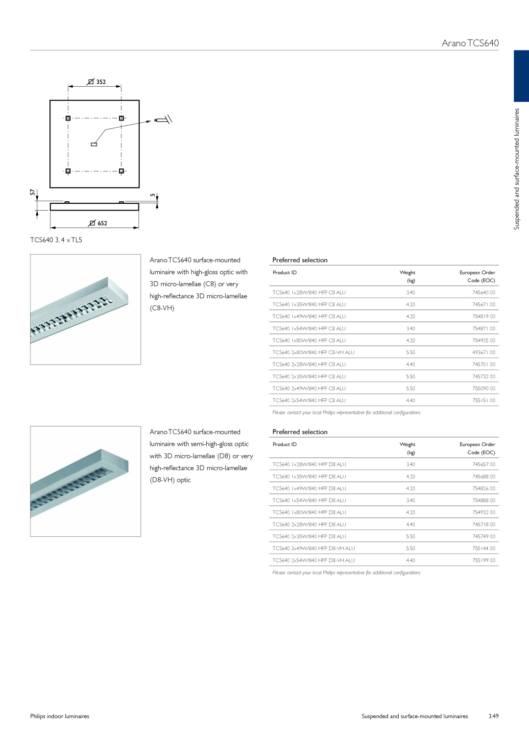 Philips TCS125 manual Arano TCS640, TCS640 3, 4 x TL5, Suspended and surface-mountedluminaires, Preferred selection, 3.49 