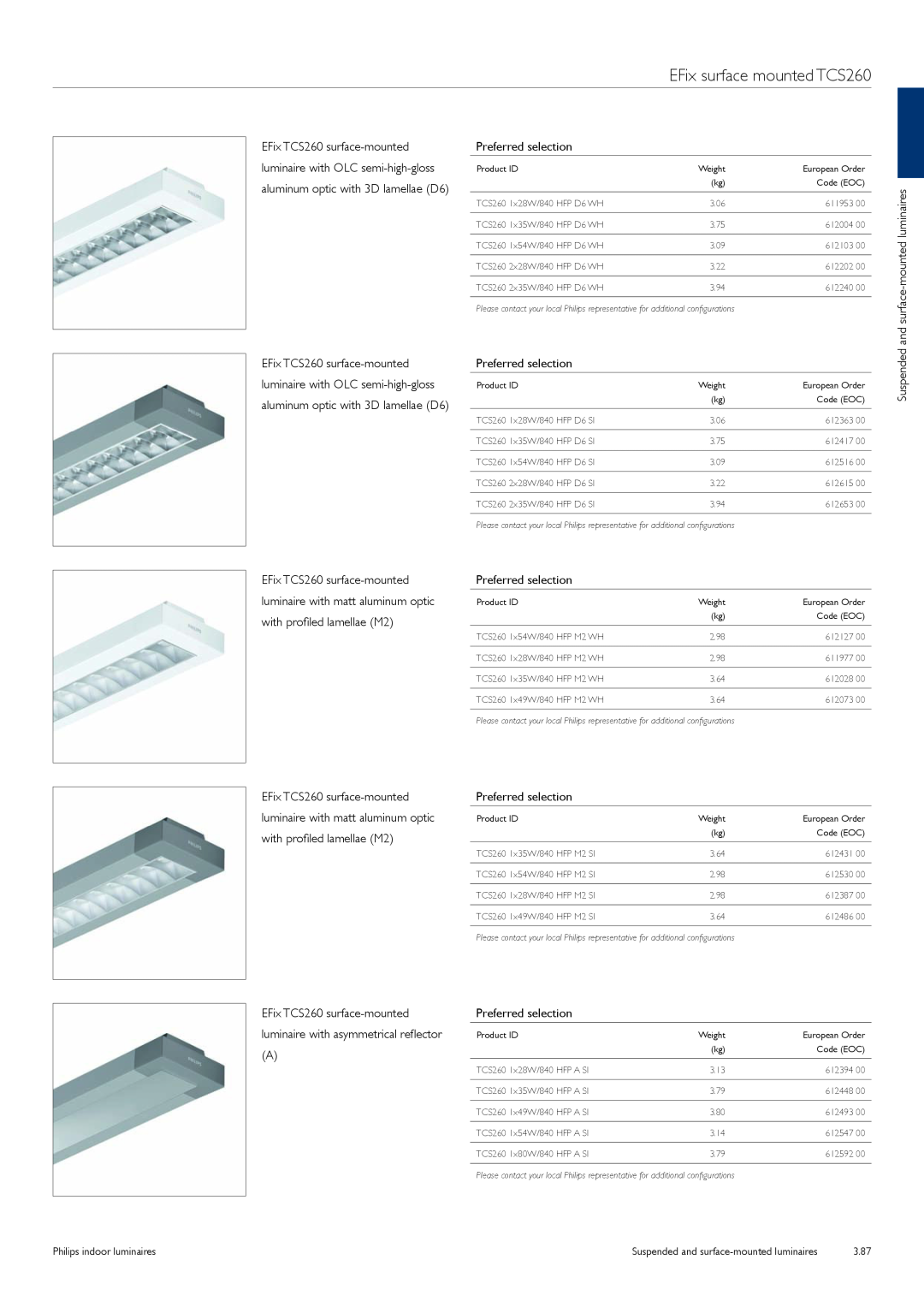 Philips TCS125 manual EFix surface mounted TCS260, Preferred selection, and surface-mountedluminaires 