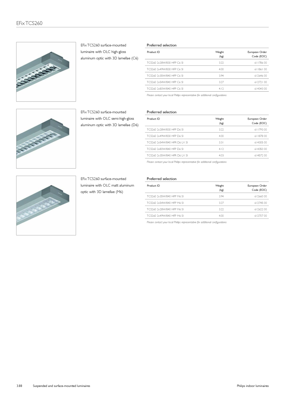 Philips TCS125 manual EFix TCS260, Suspended and surface-mountedluminaires 