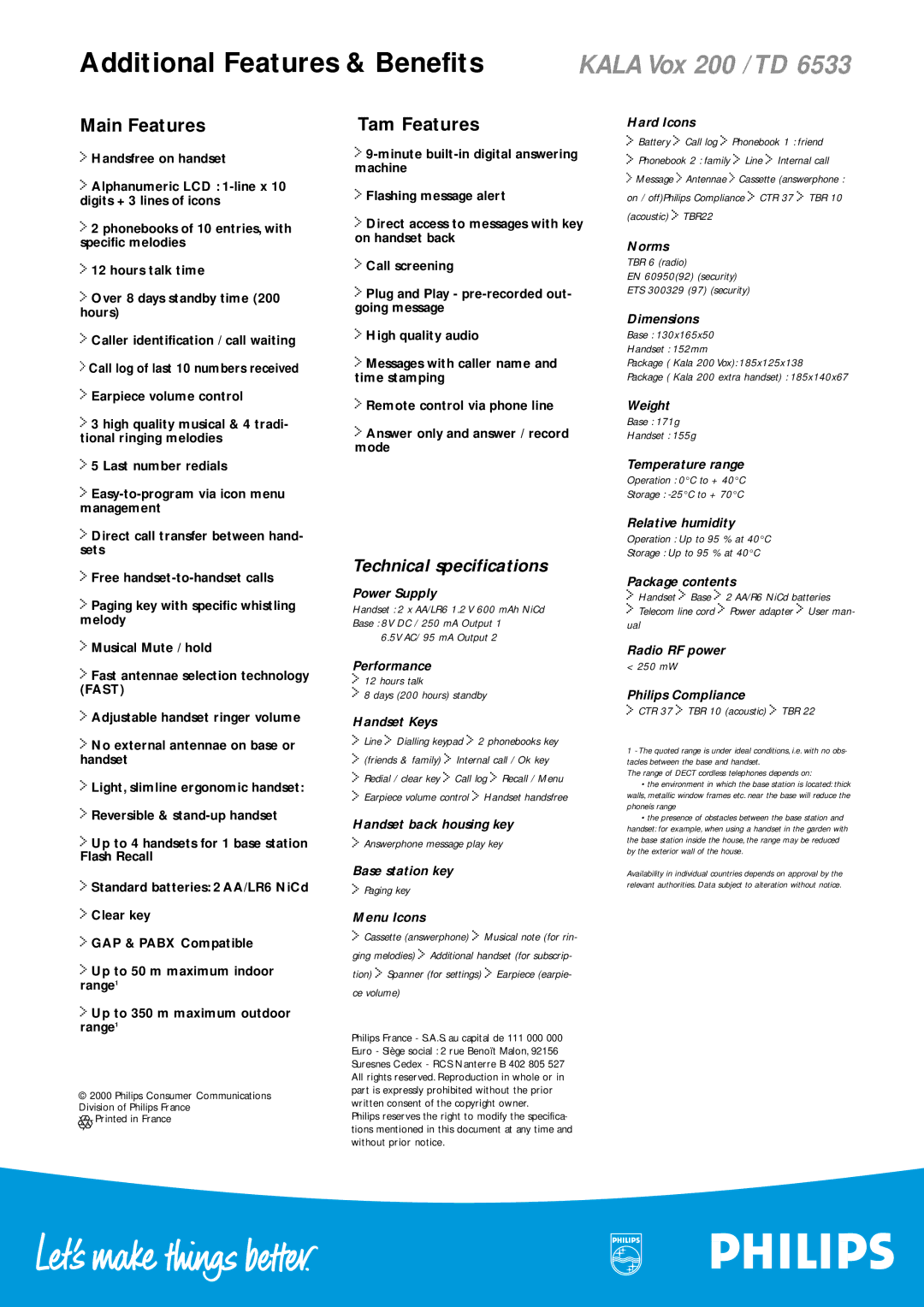 Philips TD 6533 manual Main Features, Tam Features 