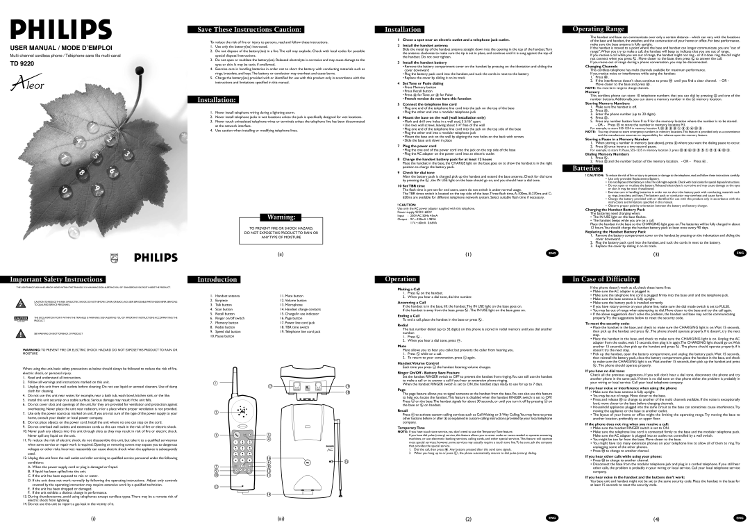 Philips TD 9220 important safety instructions Save These Instructions Caution, Installation, Operating Range, Batteries 