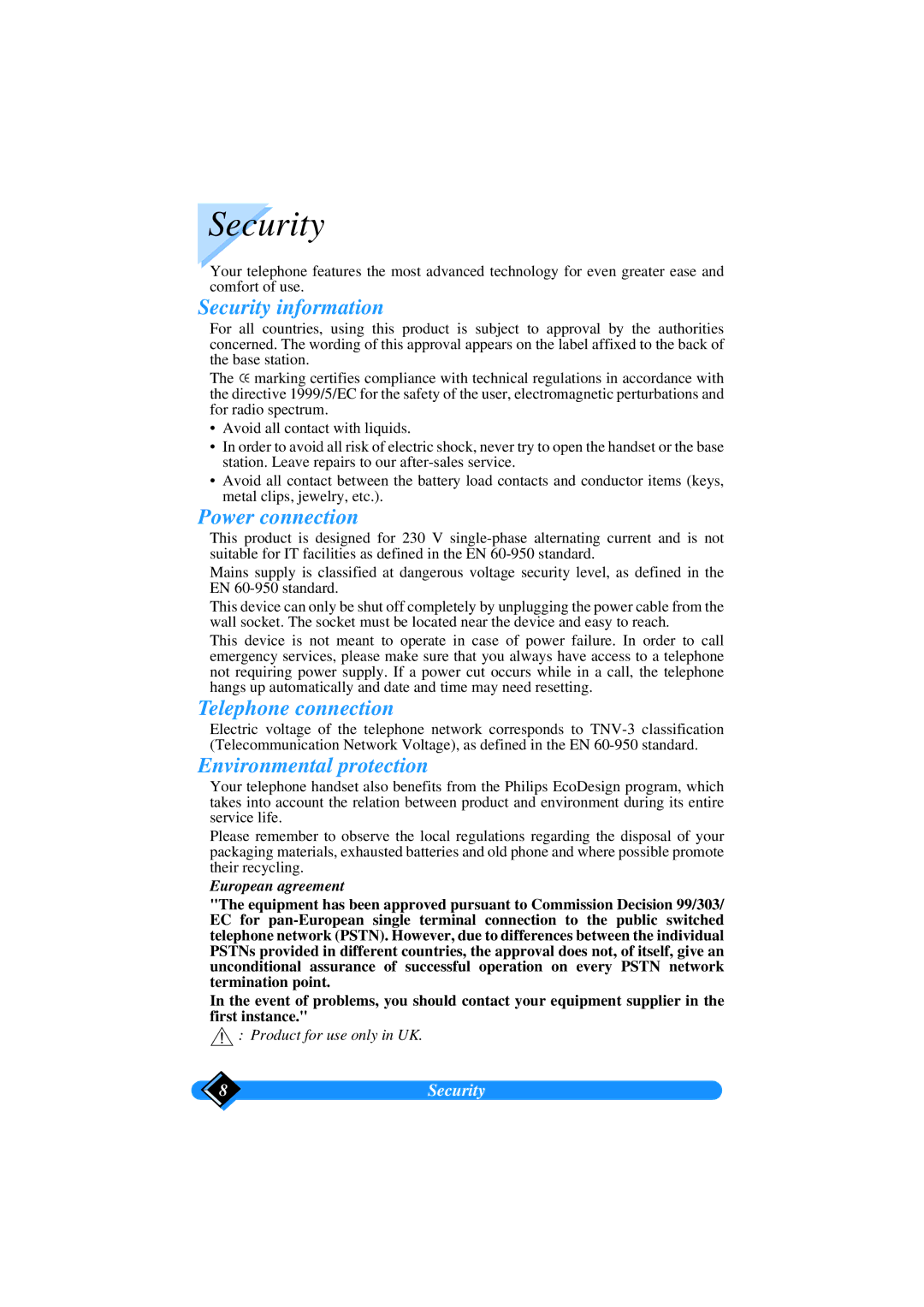 Philips TD6626/BE manual Security information, Power connection, Telephone connection, Environmental protection 