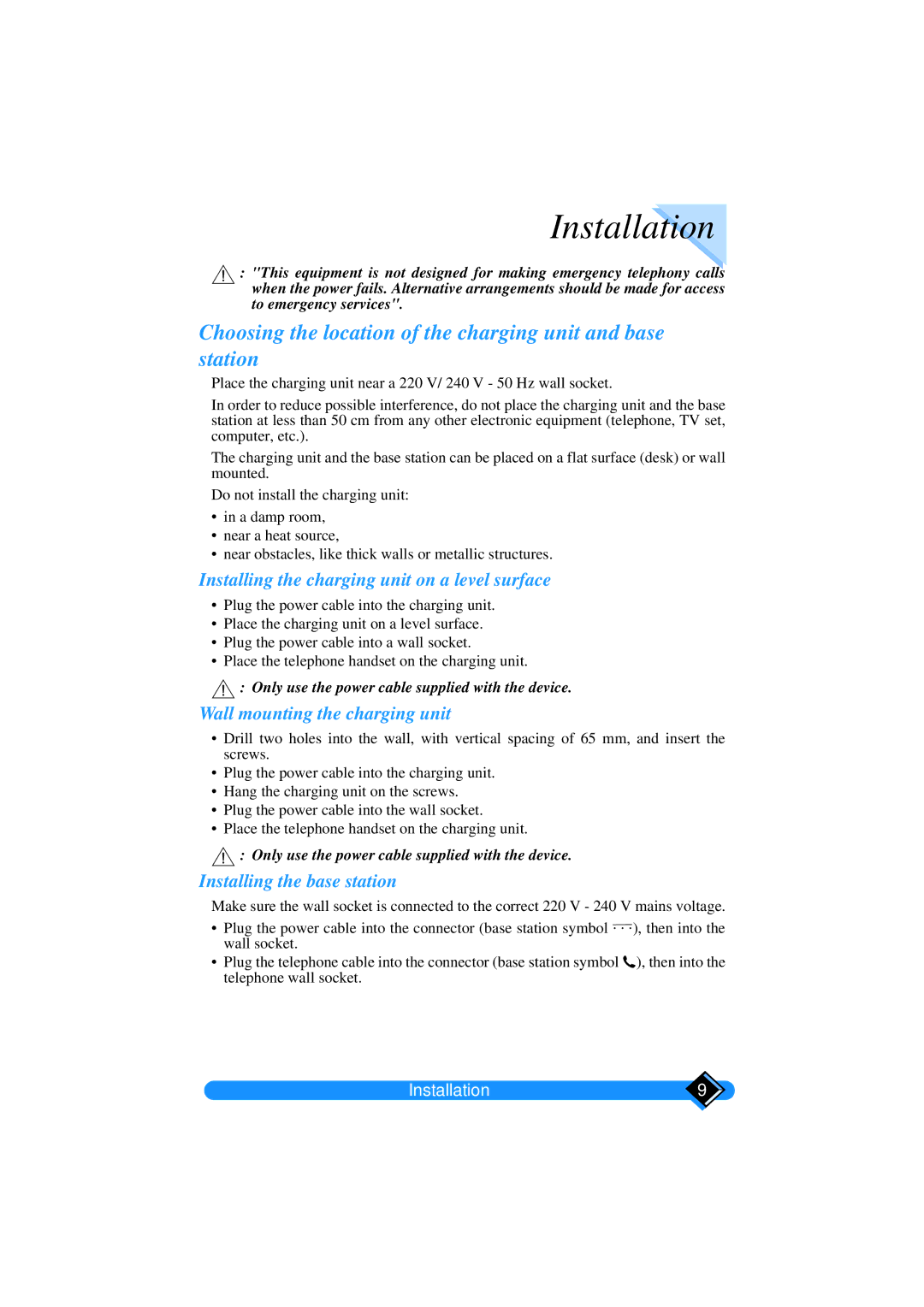 Philips TD6626/BE Installation, Choosing the location of the charging unit and base station, Installing the base station 