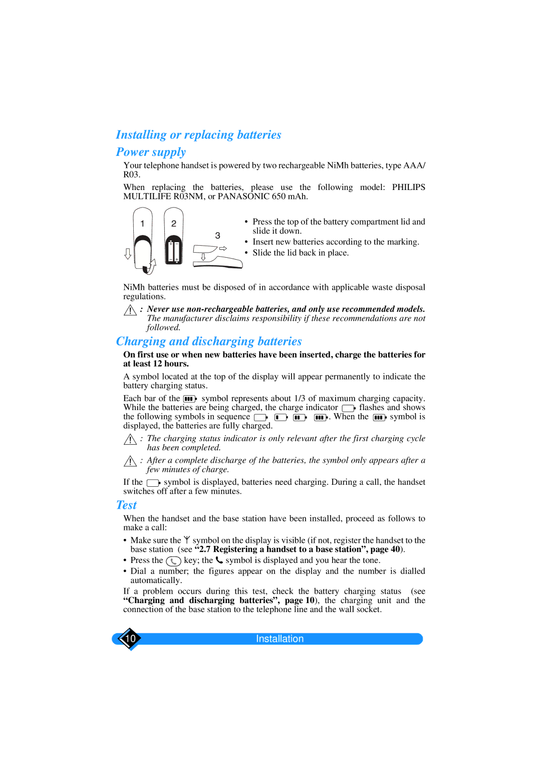 Philips TD6626/BE manual Installing or replacing batteries Power supply, Charging and discharging batteries, Test 